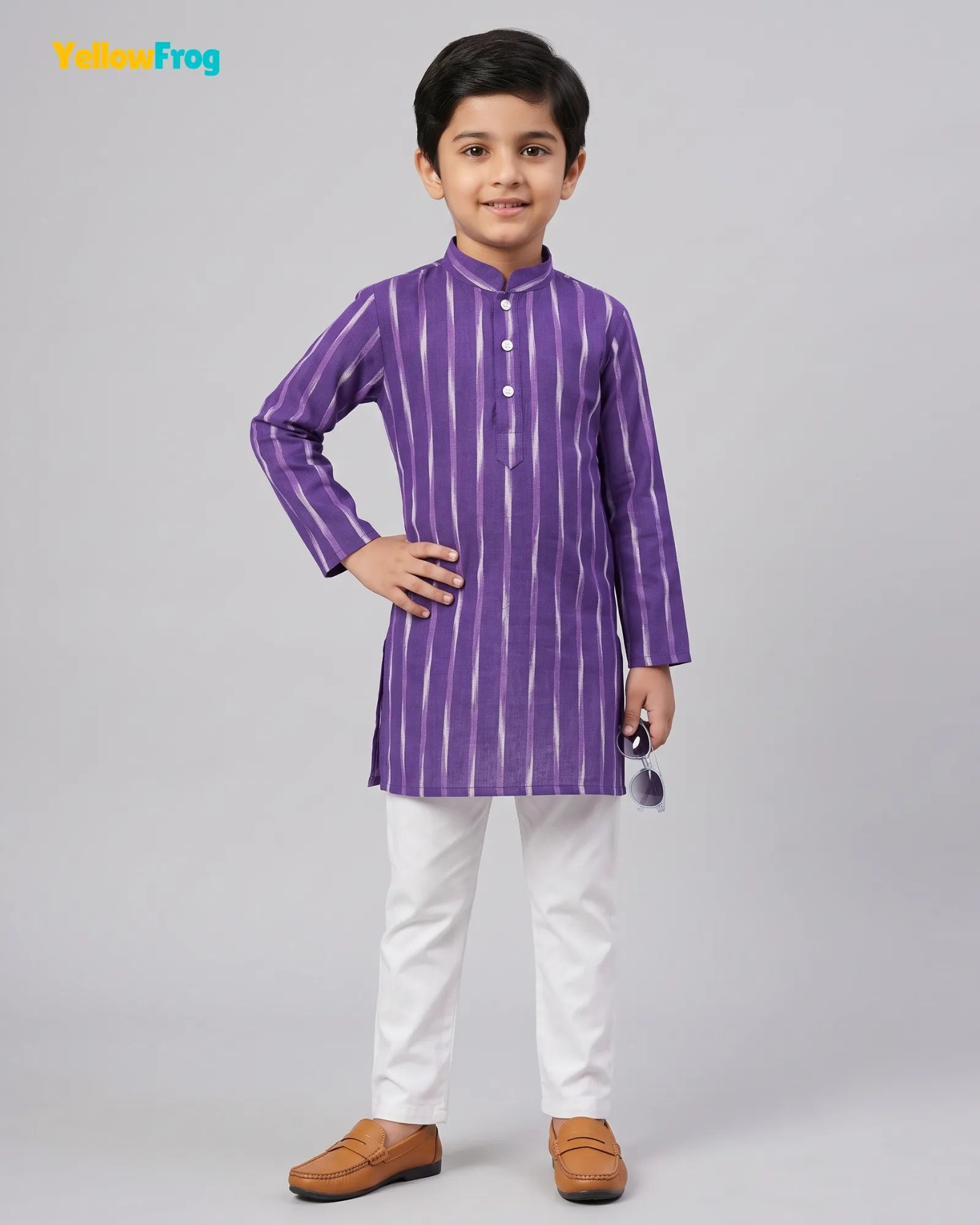 Boys Pure Cotton Ikkat Kurta Pyjama Set - Purple Striped Ikkat Ethnic Wear with Collar KP231