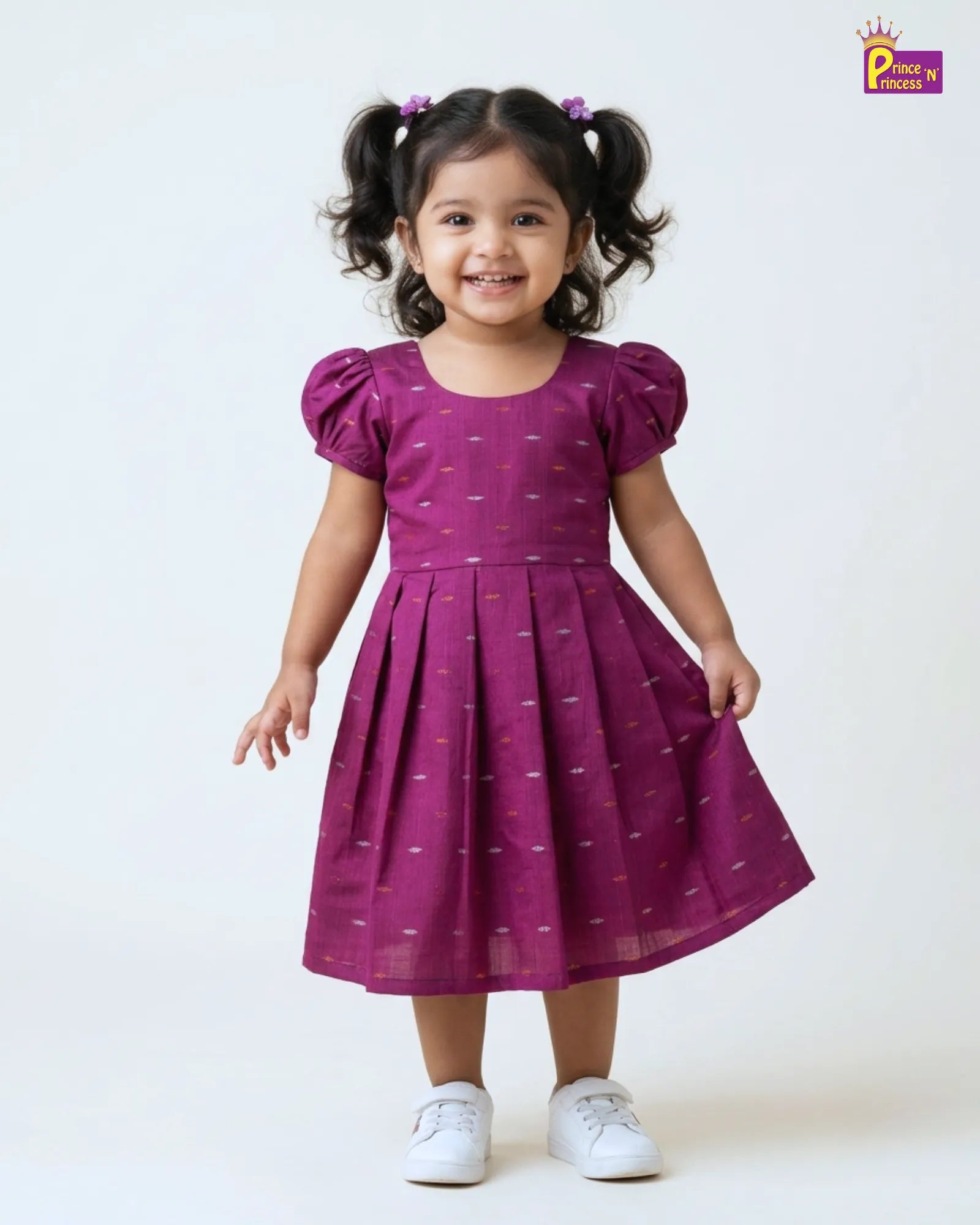 Girls Magenta Printed Cotton Frock – Puff Sleeve Everyday Dress CF432