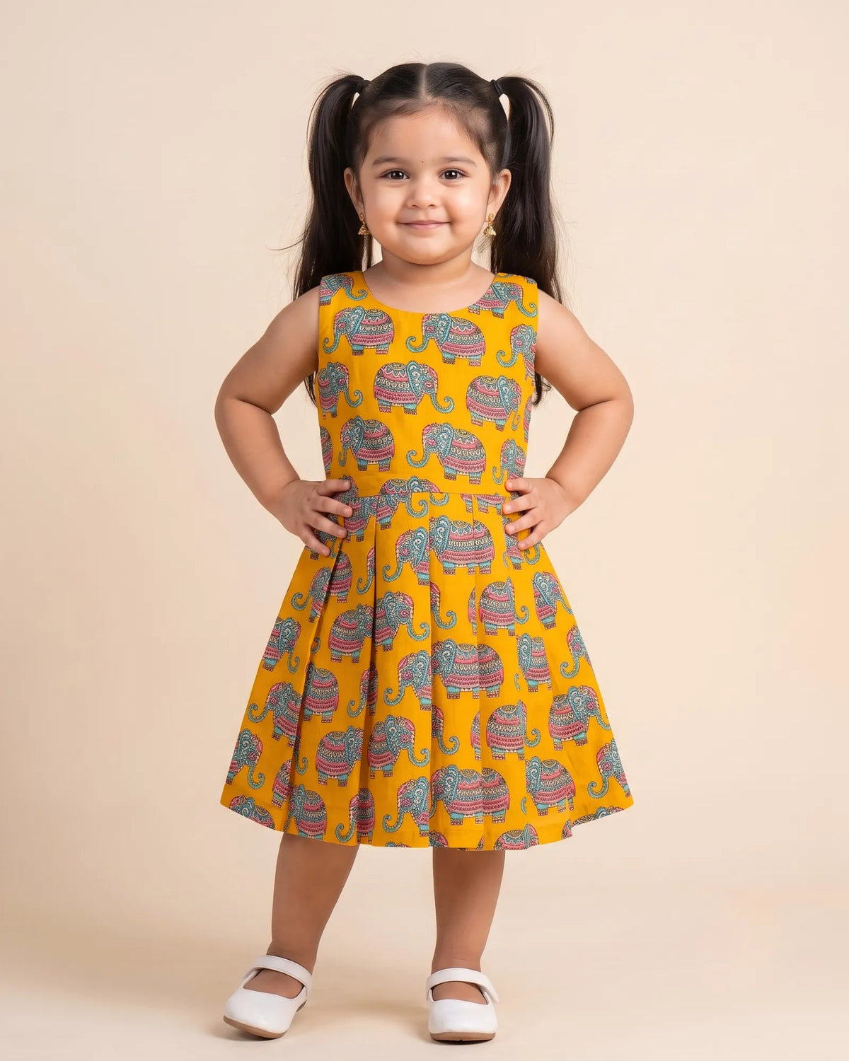 A young girl with dark hair wearing a maroon halter-neck traditional outfit with gold and green zari borders, standing against a plain light beige background.