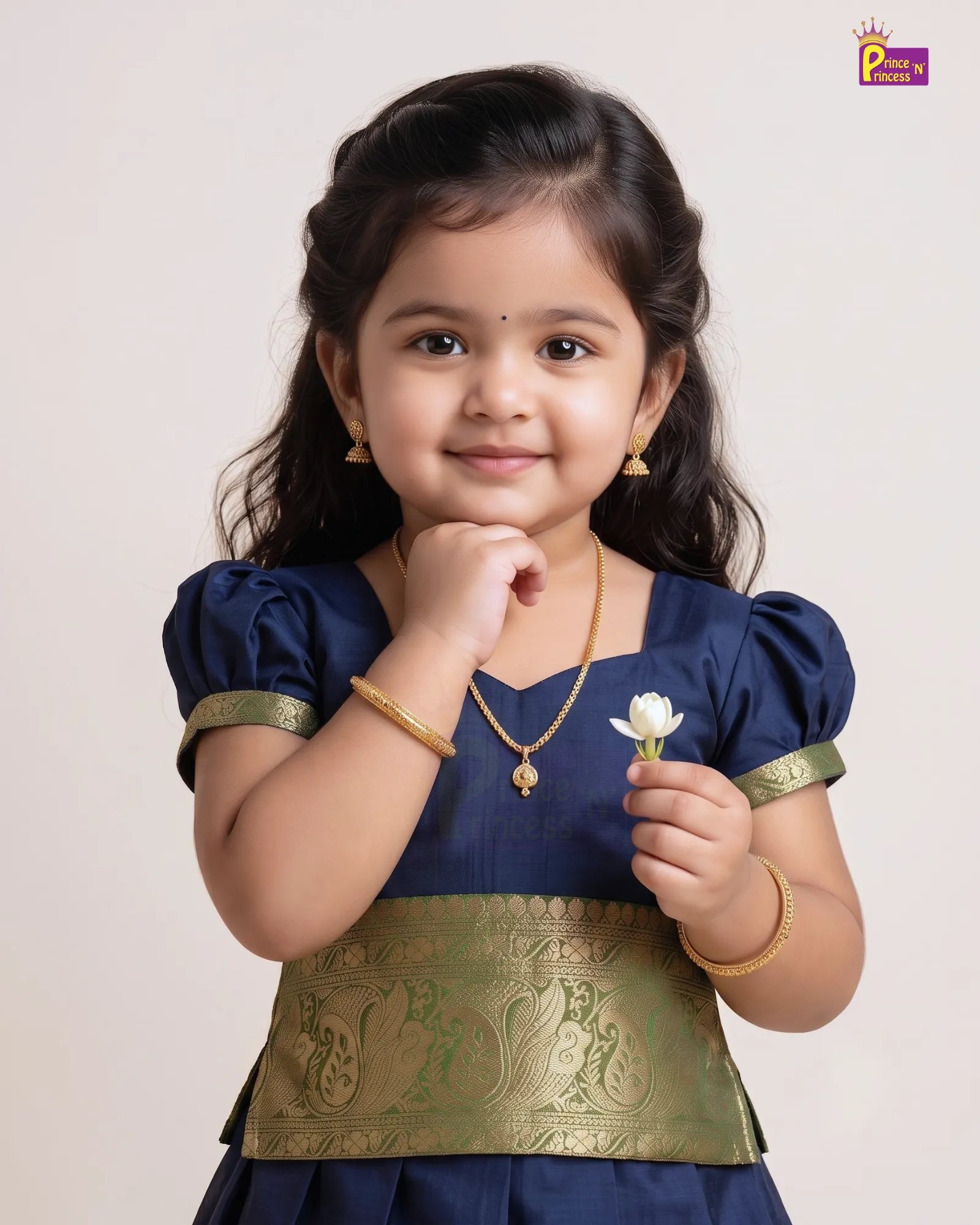 Chettinad Pattu Pavadai for Girls | Navy Blue Olive Gold Peacock Zari Silk PPP2137