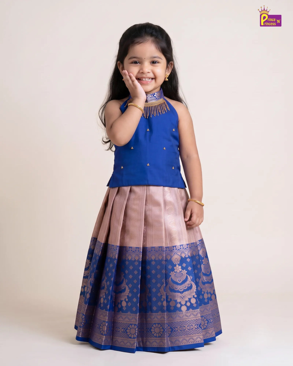 Girls Pattu Pavadai Set - Royal Blue Top with Blush Gold Zari Skirt PPP2171