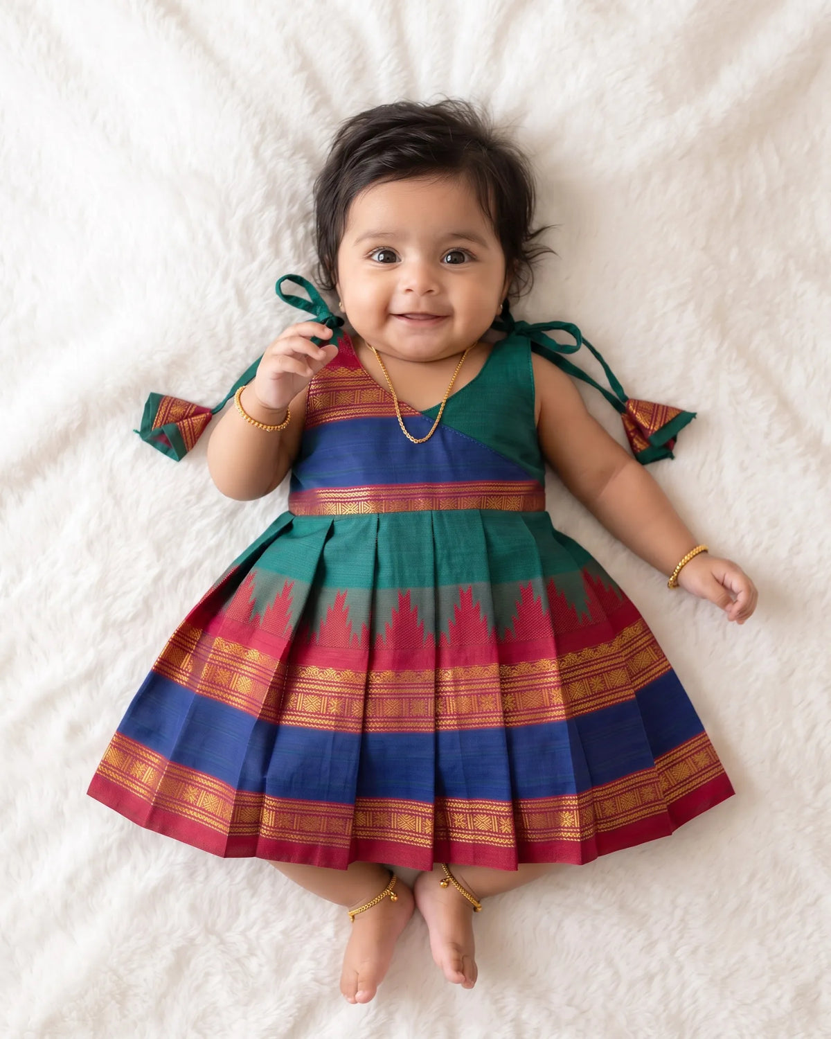 Teal Green Handloom Chettinad Cotton Newborn Frock - Baby Girl Dress LF2081