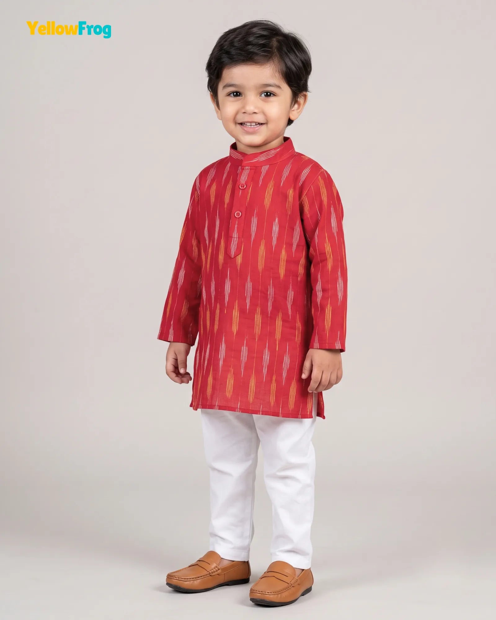 Boys Pure Cotton Ikkat Kurta Pyjama Set - Red Ikkat Print Ethnic Wear with Collar KP233