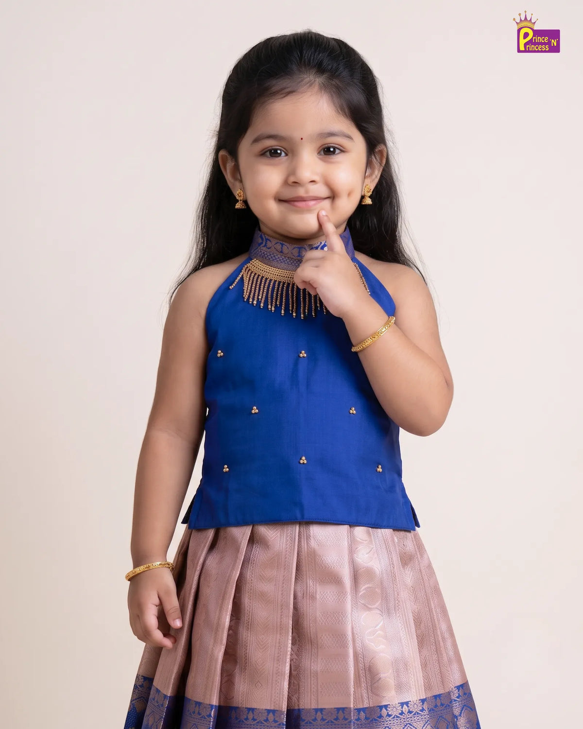 Girls Pattu Pavadai Set - Royal Blue Top with Blush Gold Zari Skirt PPP2171