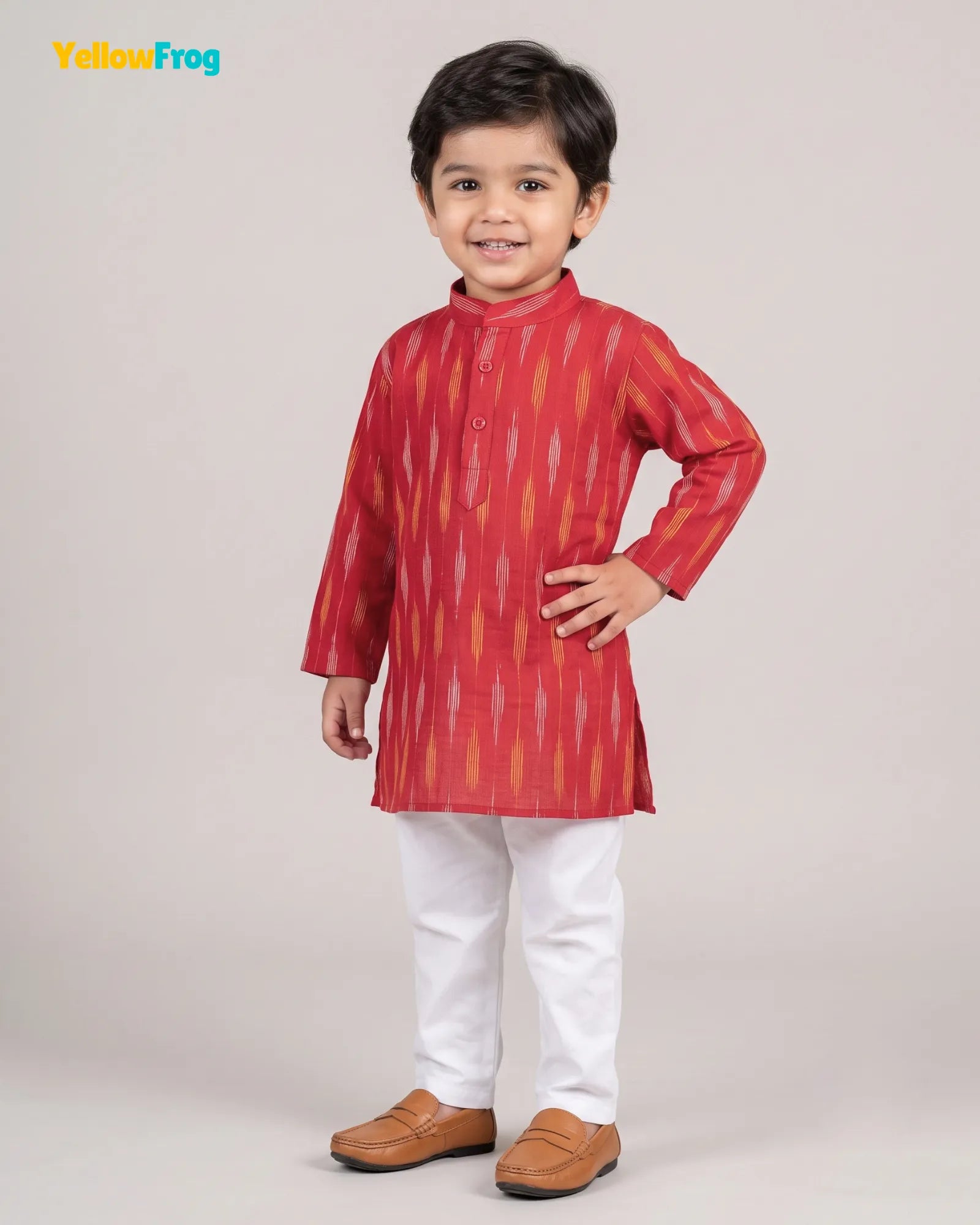 Boys Pure Cotton Ikkat Kurta Pyjama Set - Red Ikkat Print Ethnic Wear with Collar KP233