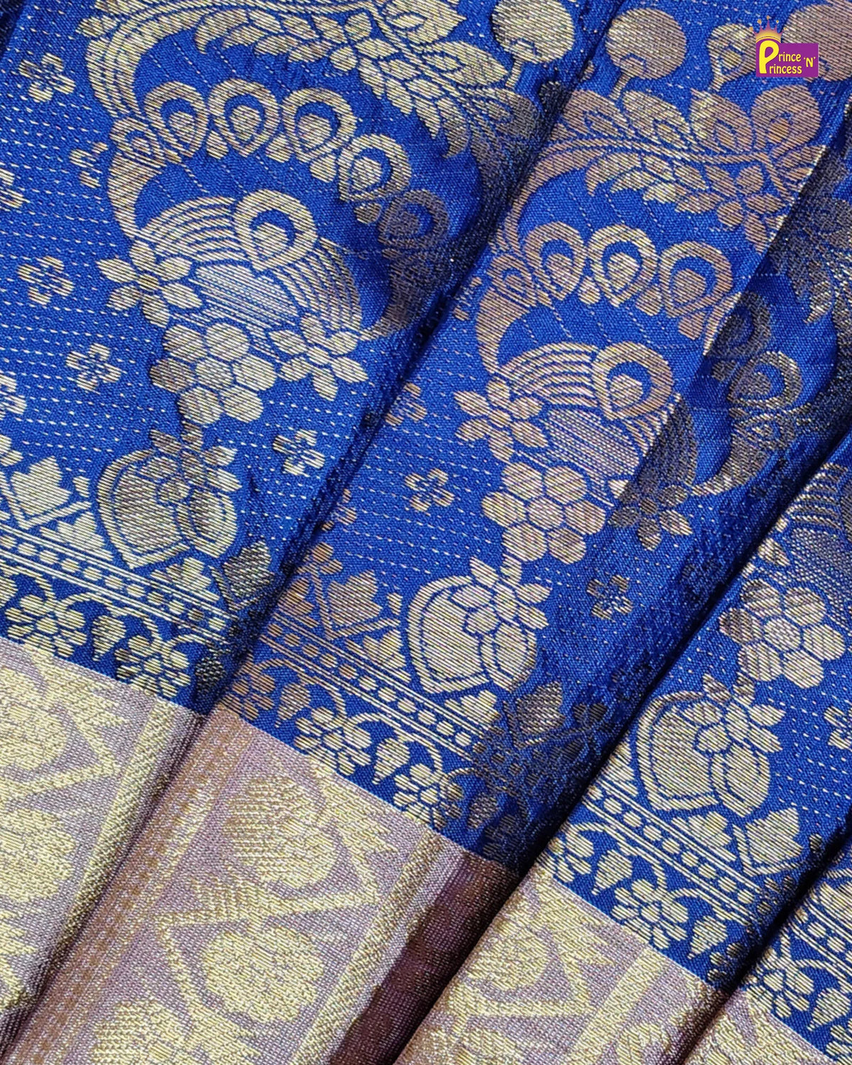 Girls Pattu Pavadai Set - Royal Blue Top with Blush Gold Zari Skirt PPP2171