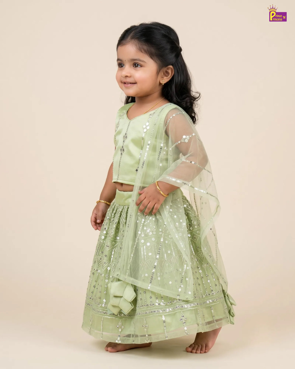 Girls Pastel Green Sequin Lehenga Choli Set - Festive Function Wear lc298