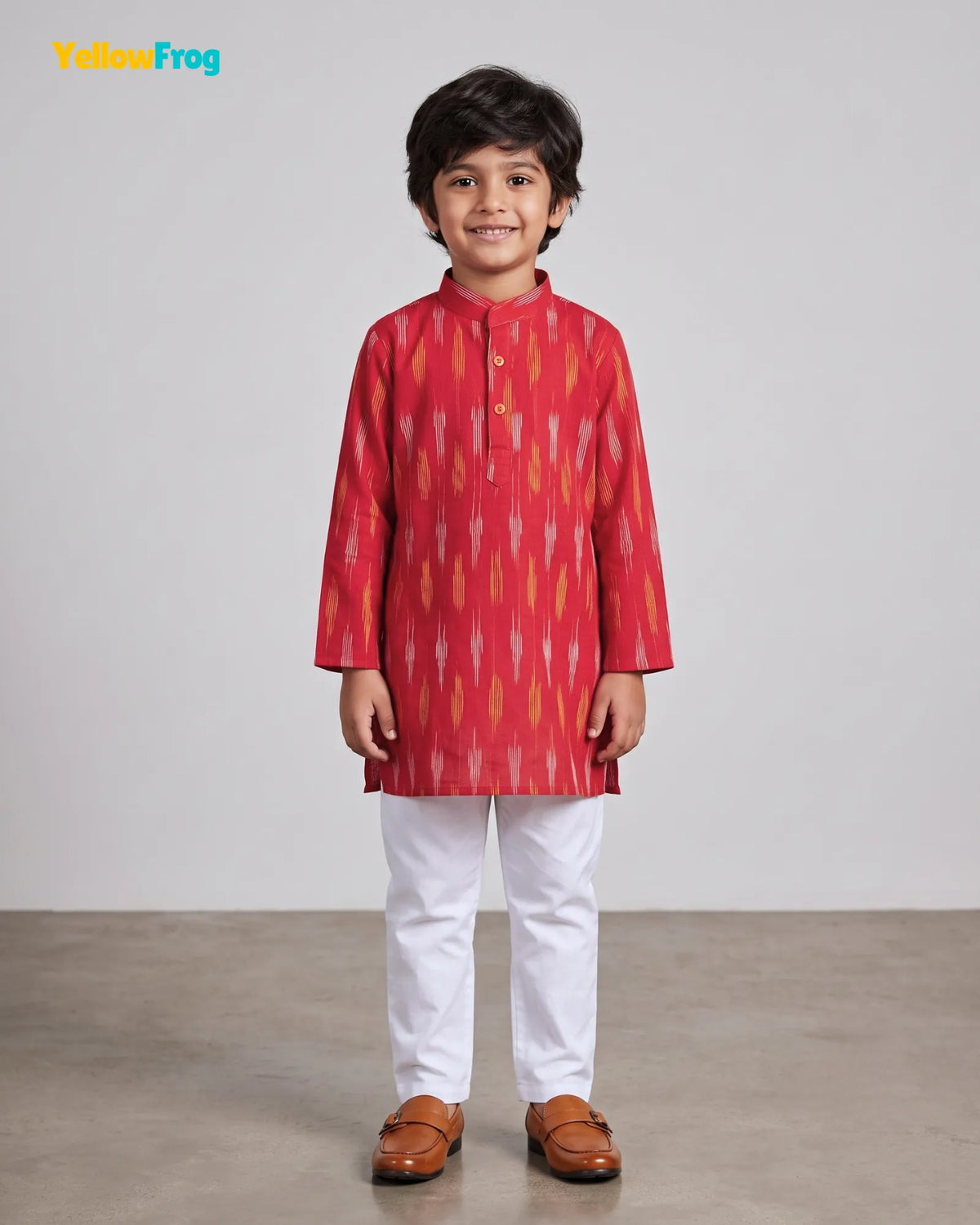 Boys Pure Cotton Ikkat Kurta Pyjama Set - Red Ikkat Print Ethnic Wear with Collar KP233