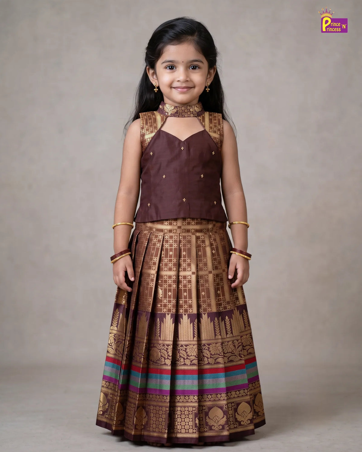 Girls Pattu Pavadai Set - Copper Brown Cutout Halter Top with Skirt PPP2176
