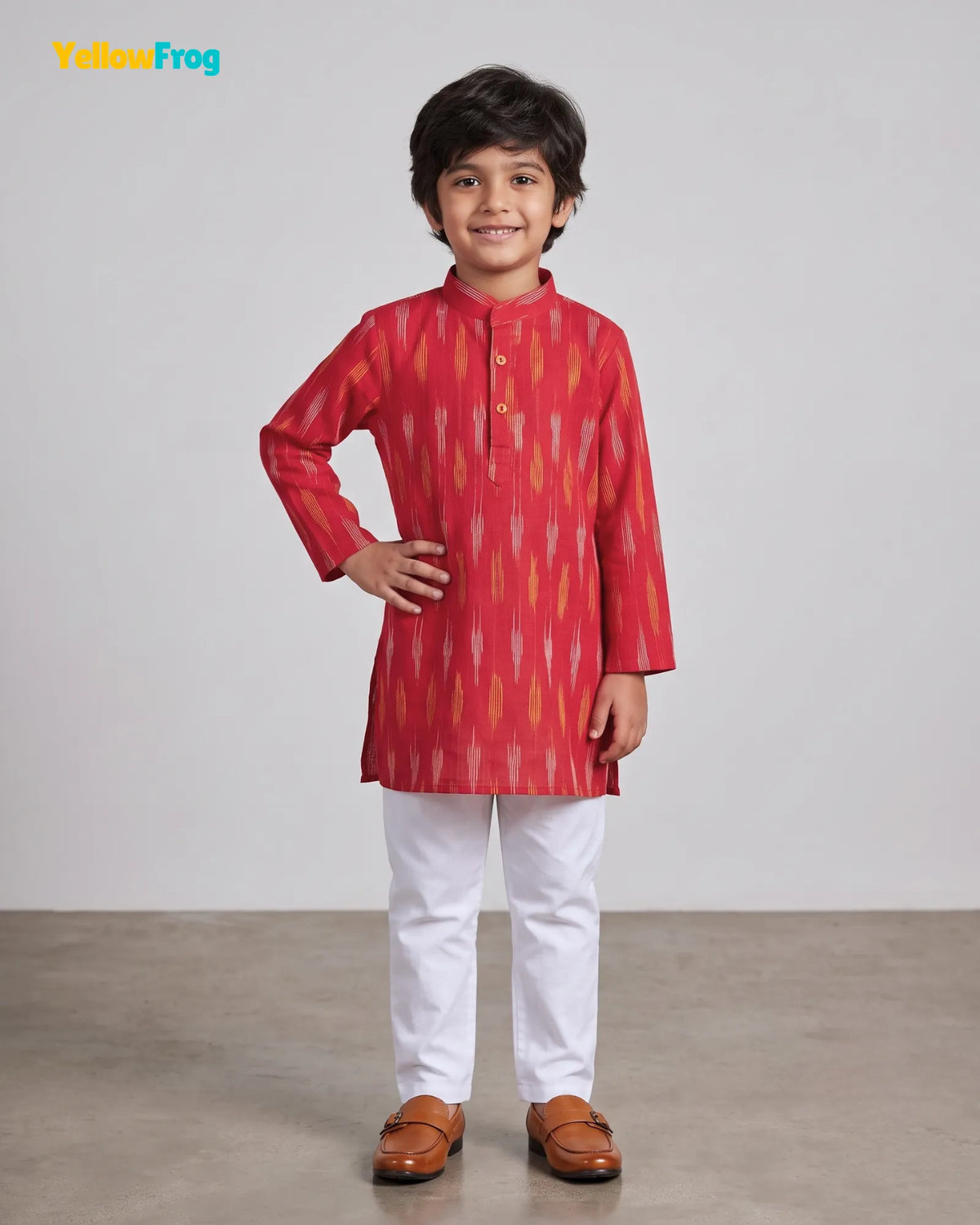 Boys Pure Cotton Ikkat Kurta Pyjama Set - Red Ikkat Print Ethnic Wear with Collar KP233