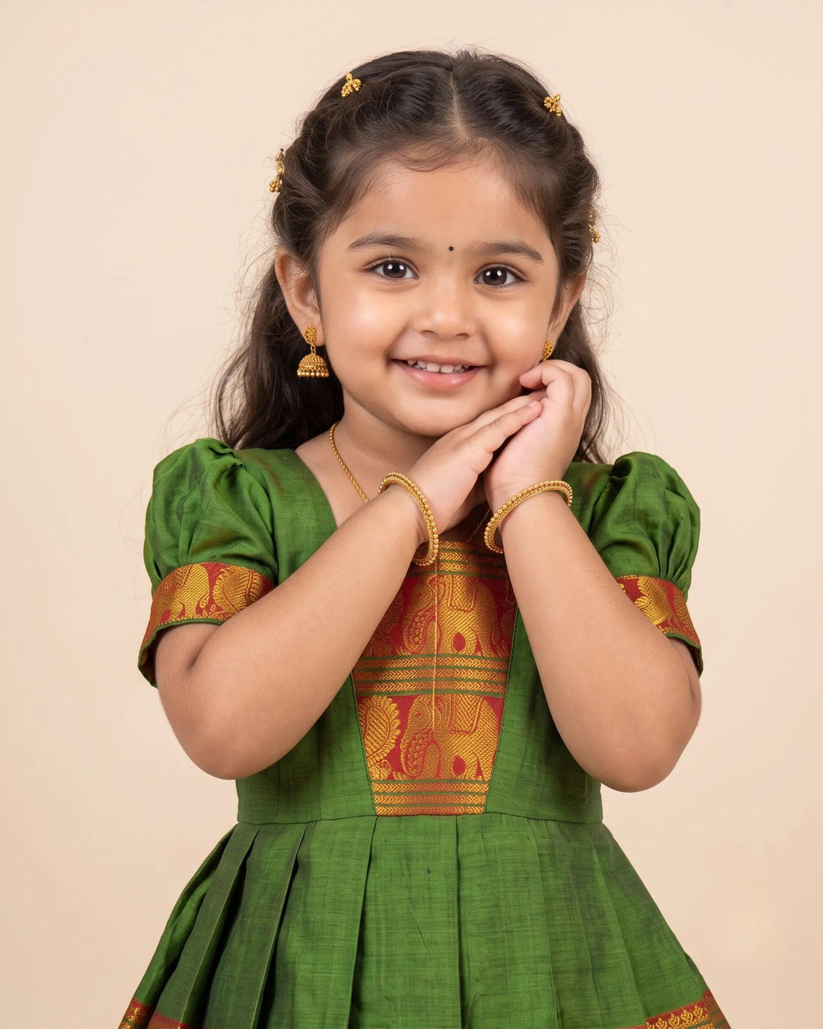 Green Kalyani Cotton Pattu Gown for Girls - Soft Pongal Festive Wear PG751