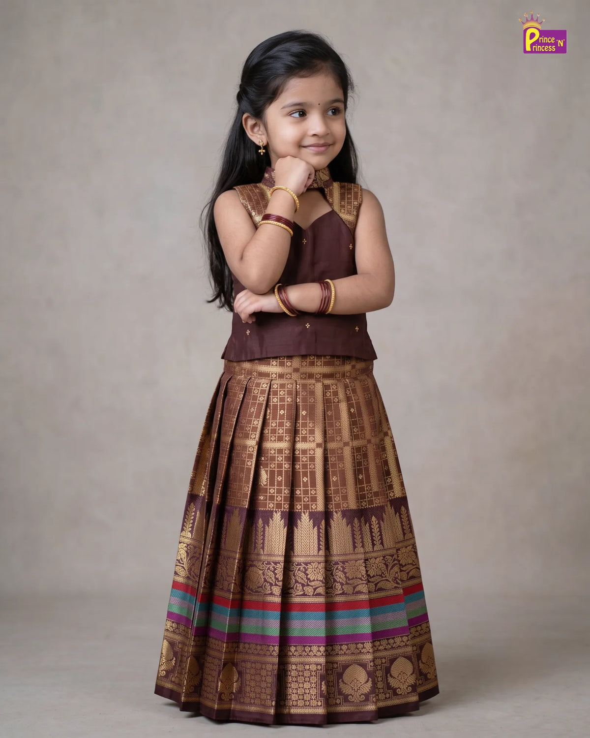 Girls Pattu Pavadai Set - Copper Brown Cutout Halter Top with Skirt PPP2176