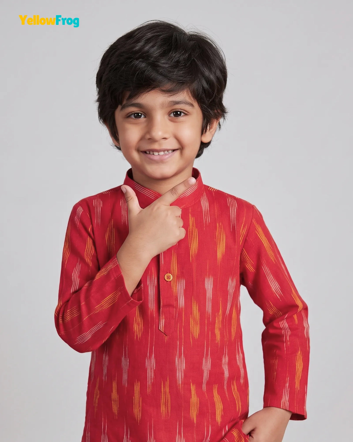 Boys Pure Cotton Ikkat Kurta Pyjama Set - Red Ikkat Print Ethnic Wear with Collar KP233