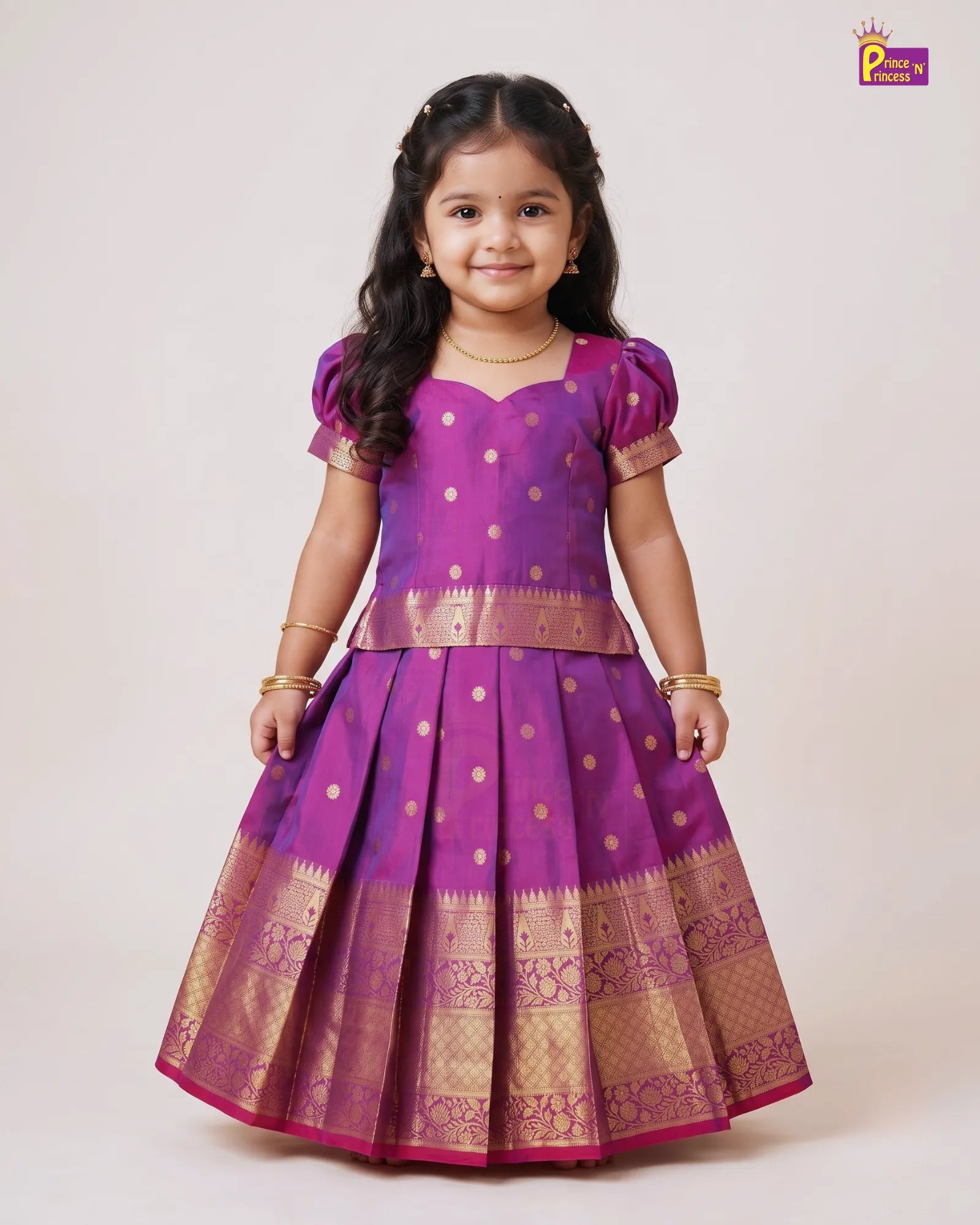 Purple Magenta Pattu Pavadai for Girls | Gold Buta Silk PPP2138