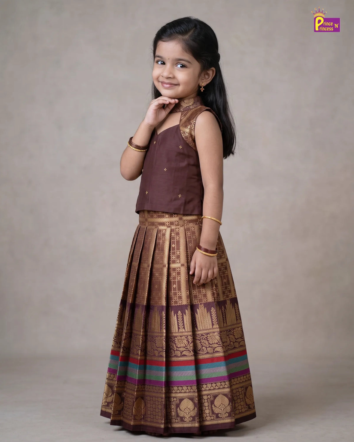 Girls Pattu Pavadai Set - Copper Brown Cutout Halter Top with Skirt PPP2176