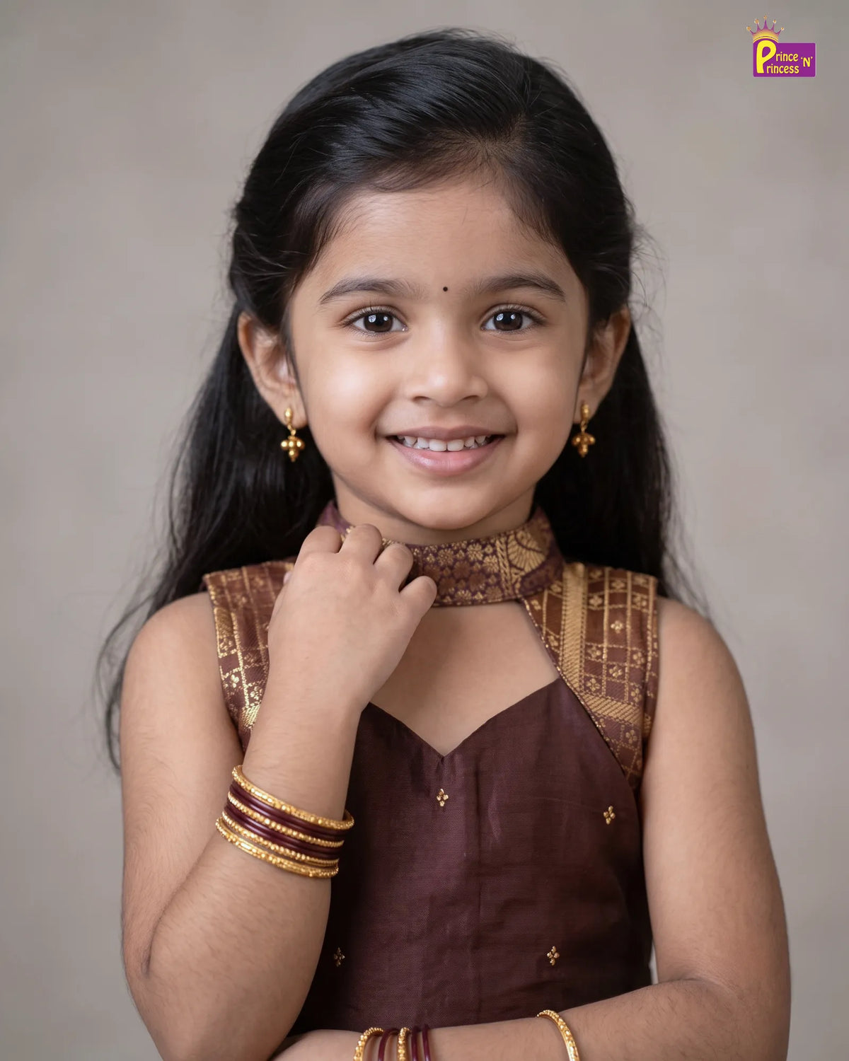 Girls Pattu Pavadai Set - Copper Brown Cutout Halter Top with Skirt PPP2176