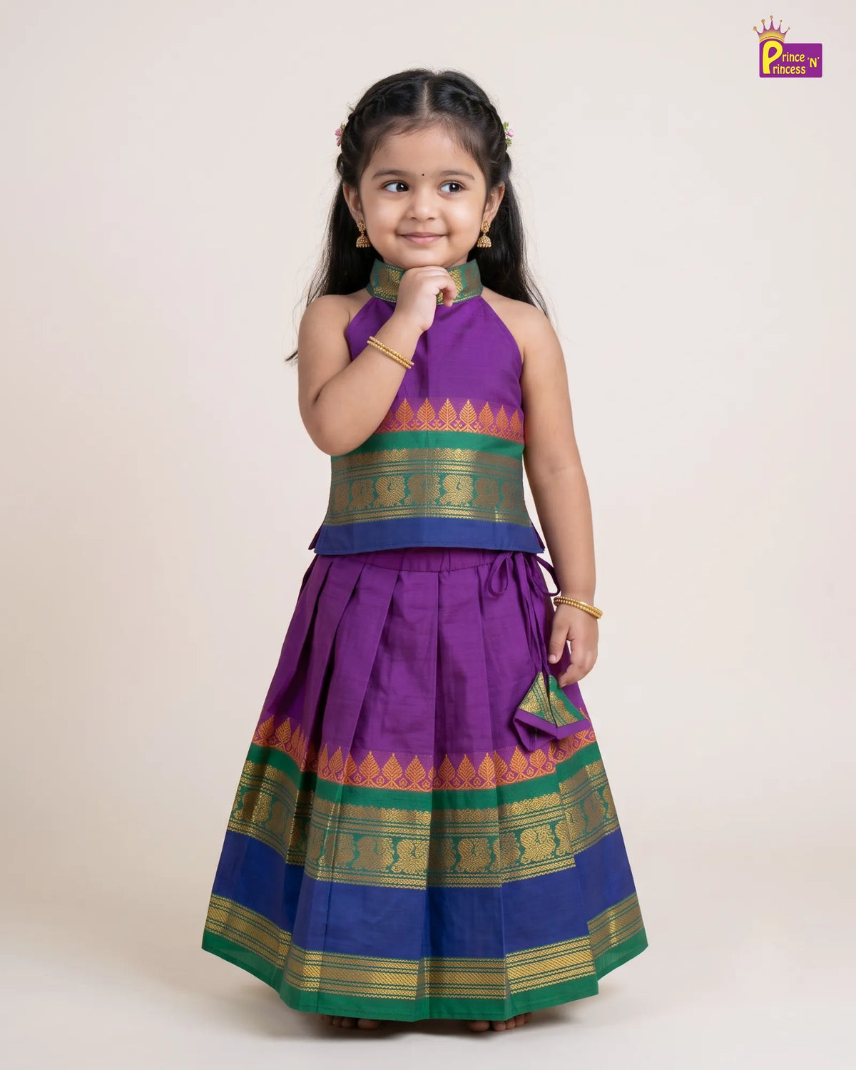 Girls Cotton Halter Neck Pattu Pavadai Set - Purple Green Blue Border PPP2170