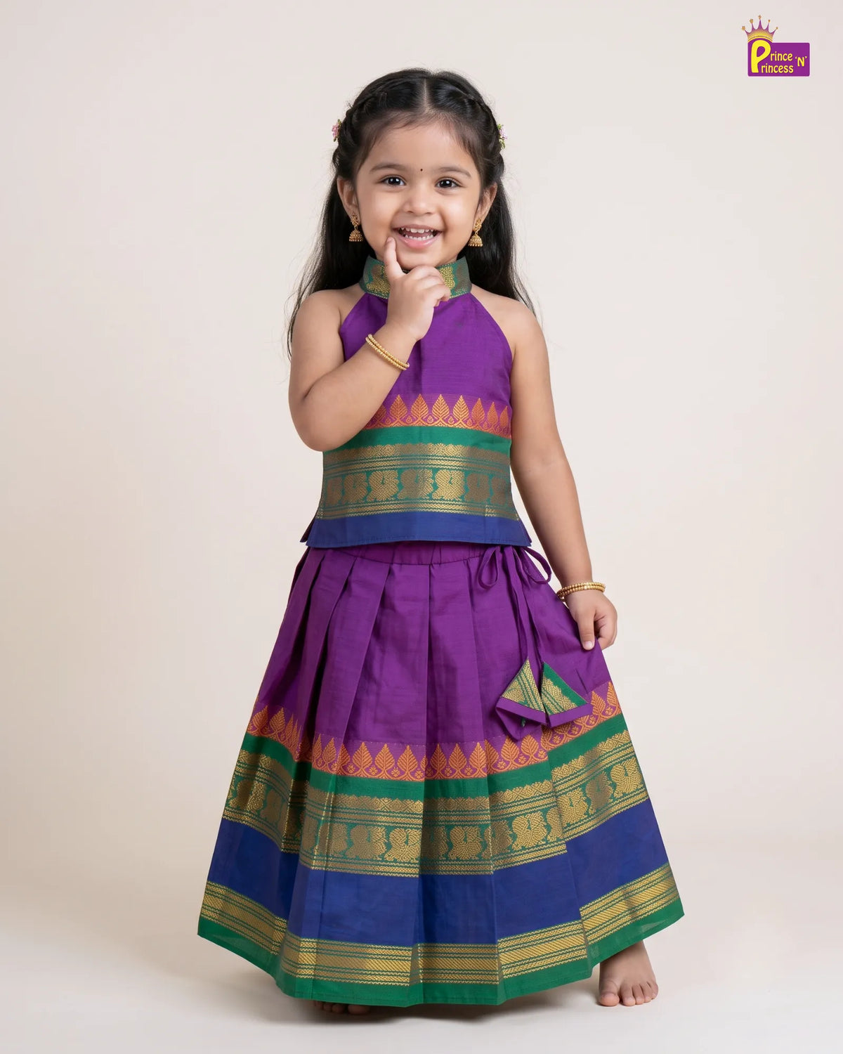 Girls Cotton Halter Neck Pattu Pavadai Set - Purple Green Blue Border PPP2170