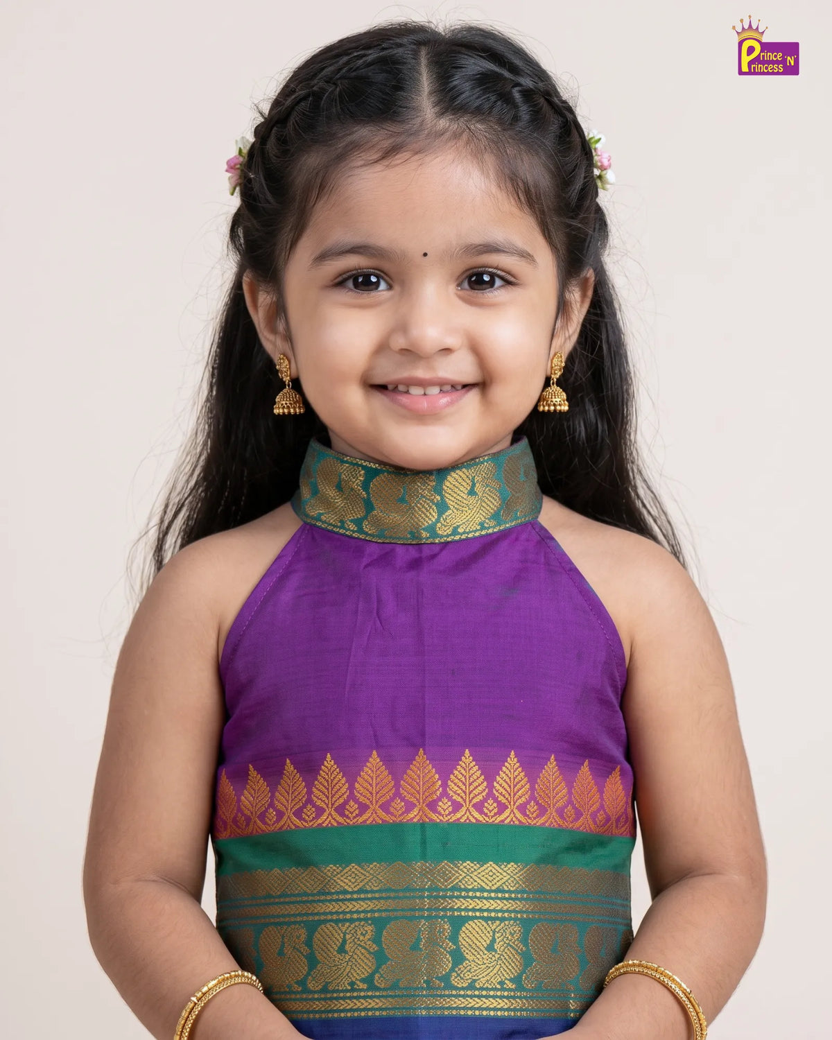 Girls Cotton Halter Neck Pattu Pavadai Set - Purple Green Blue Border PPP2170