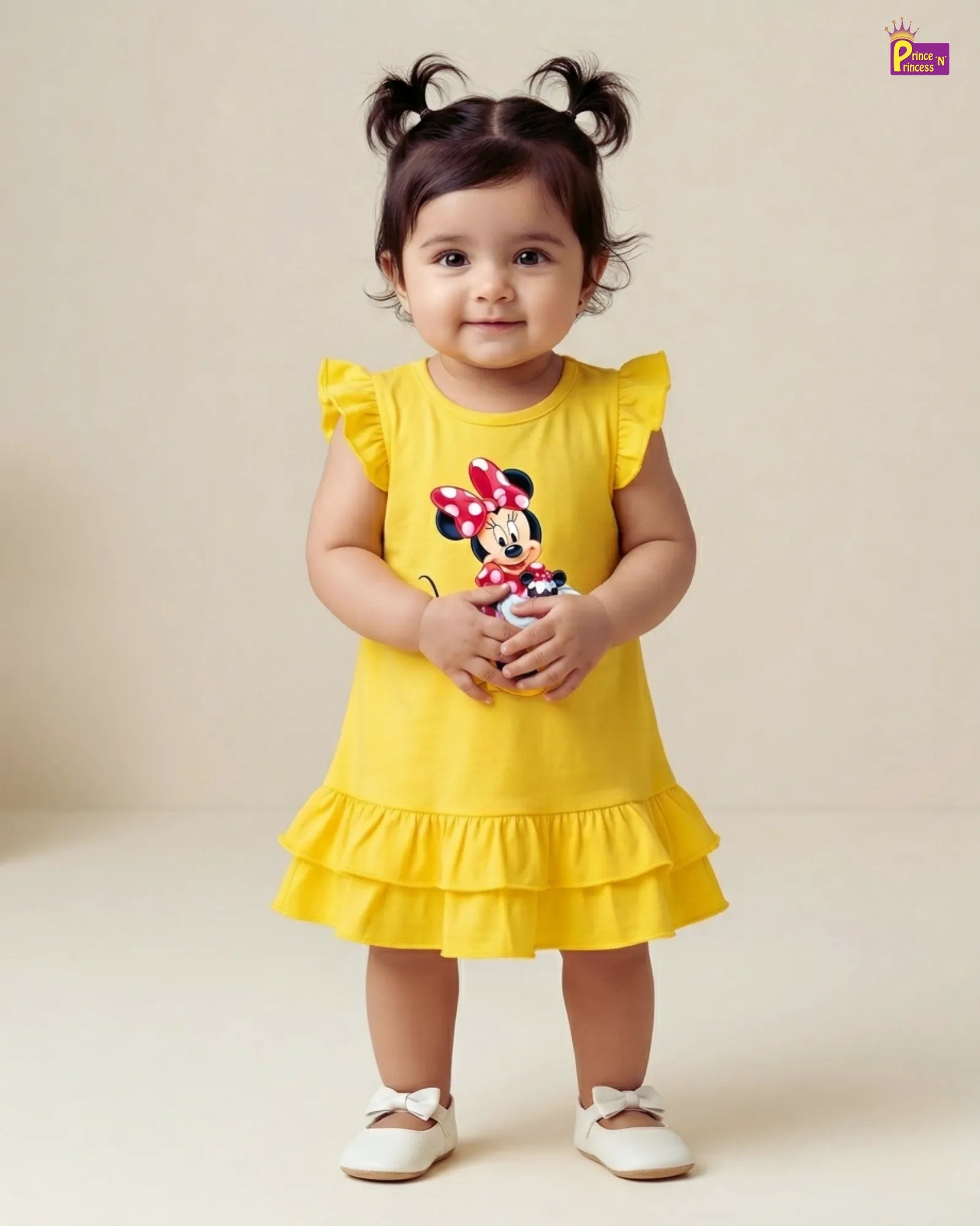 Soft yellow ribbed knit frock with flutter sleeves & ruffle hem for baby girl