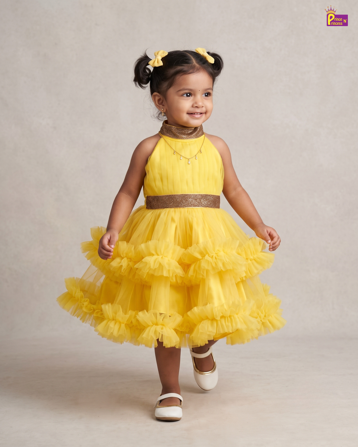 Girls Yellow Halter Tulle Dress - Layered Ruffle Party Wear BG173