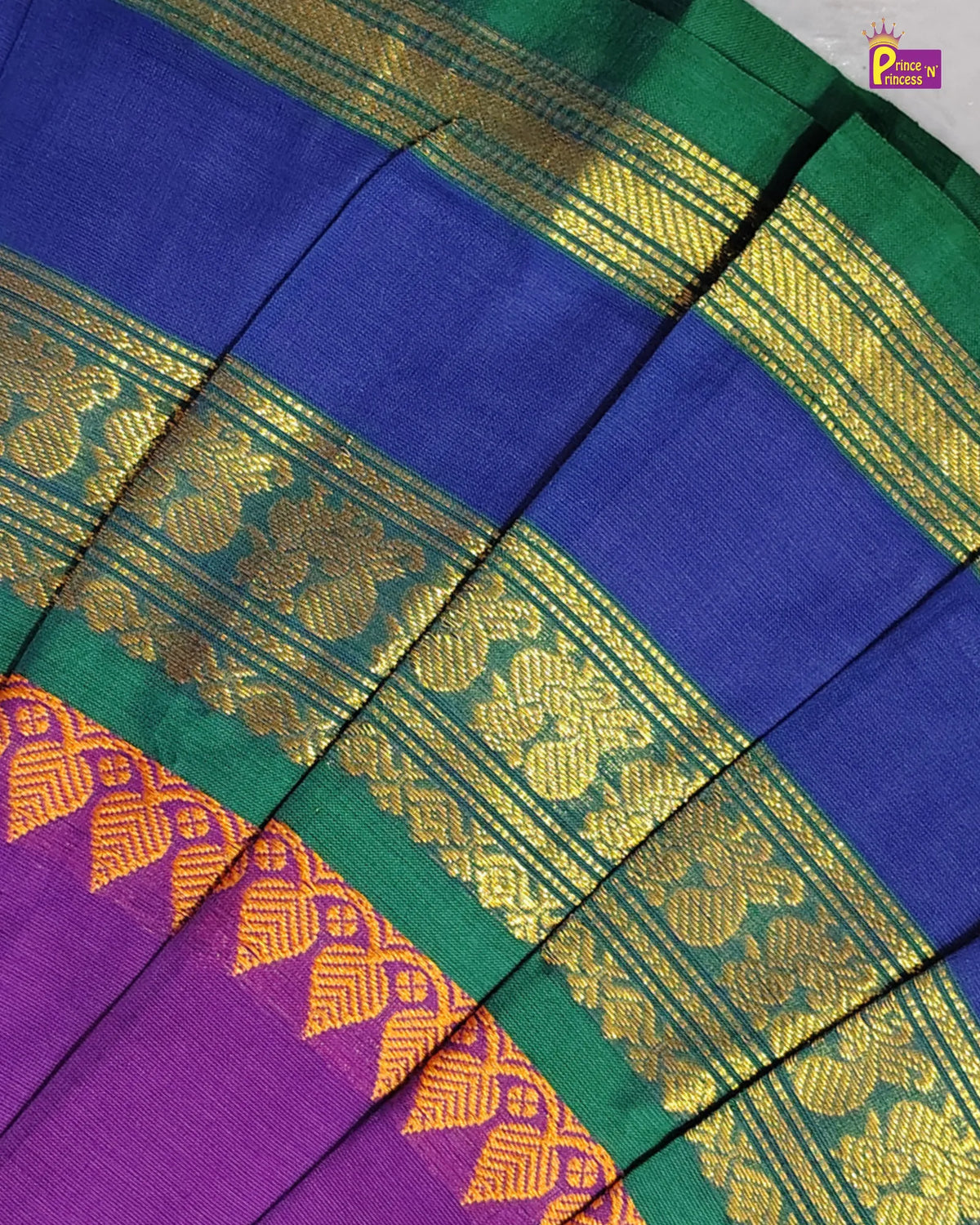 Girls Cotton Halter Neck Pattu Pavadai Set - Purple Green Blue Border PPP2170