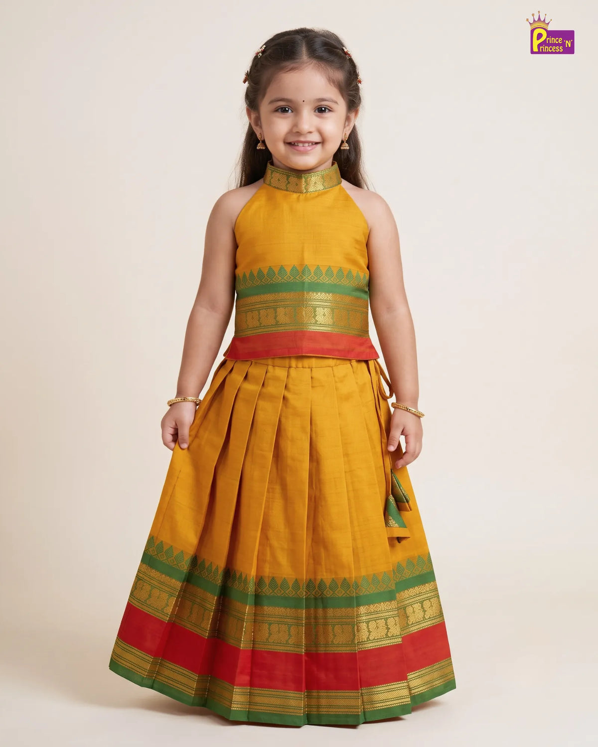 Girls Cotton Halter Neck Pattu Pavadai Set - Mustard Green Red Border PPP2174