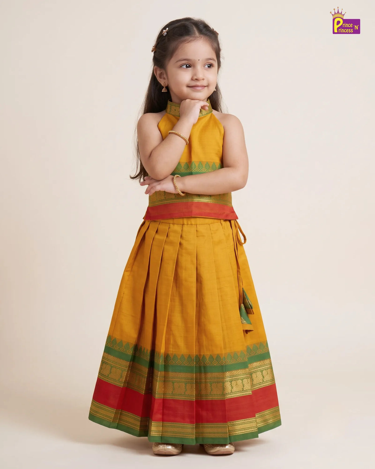 Girls Cotton Halter Neck Pattu Pavadai Set - Mustard Green Red Border PPP2174