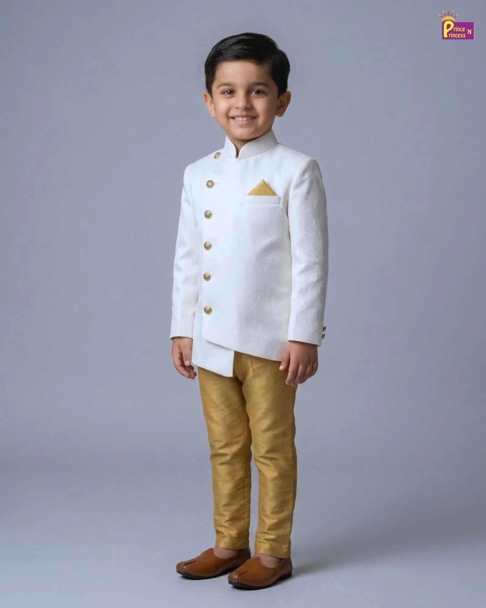 Boys White Jodhpuri Jacket Set – Asymmetric Collar Gold Pant Suit KP226