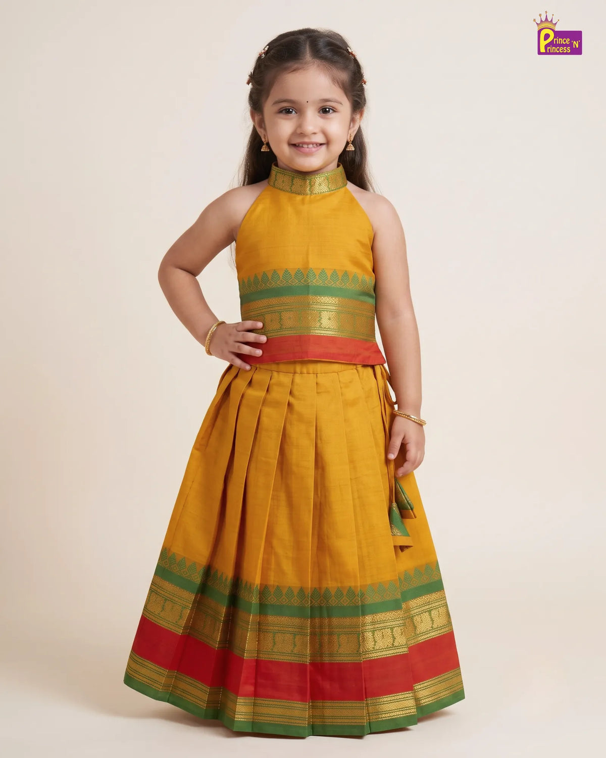 Girls Cotton Halter Neck Pattu Pavadai Set - Mustard Green Red Border PPP2174