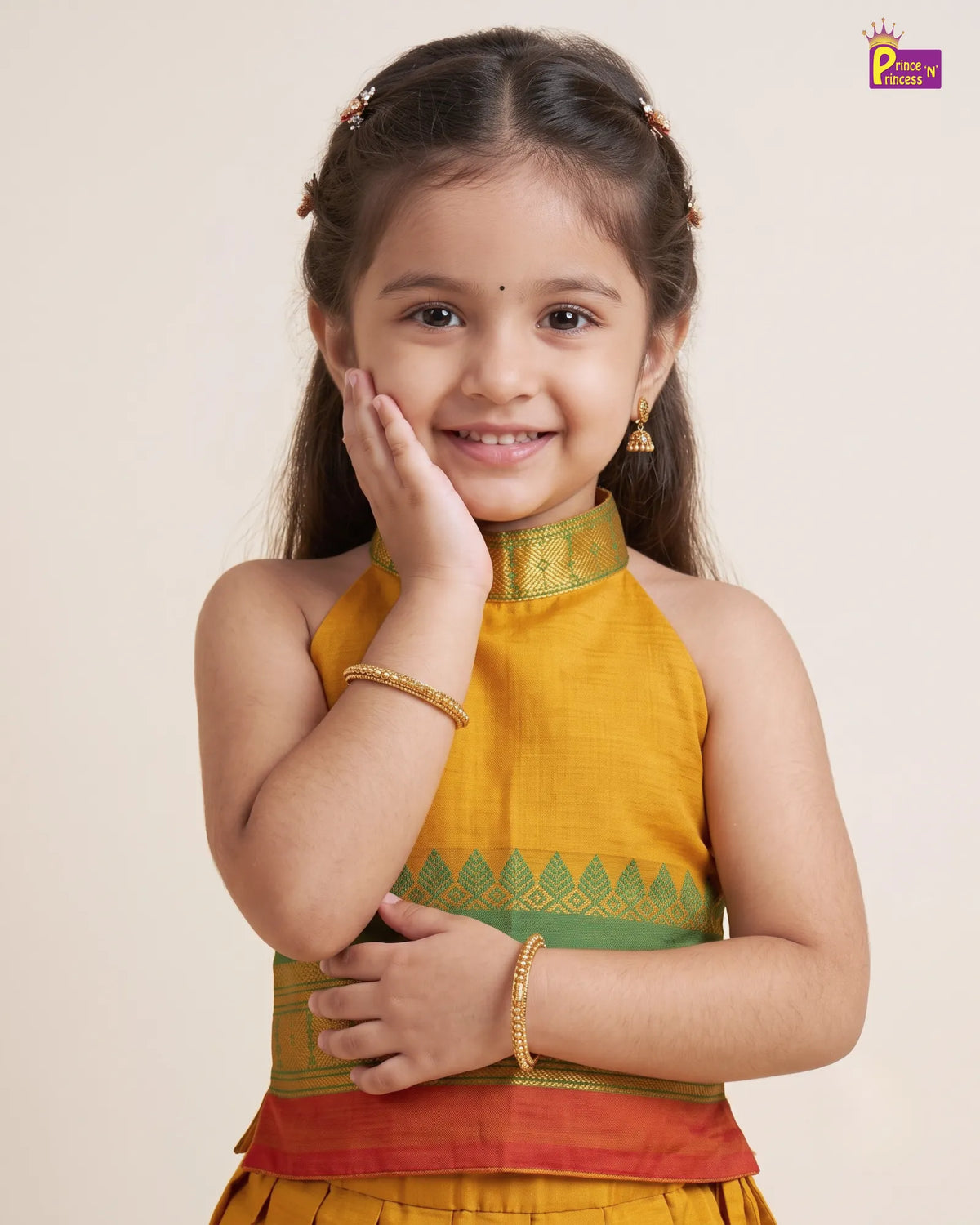 Girls Cotton Halter Neck Pattu Pavadai Set - Mustard Green Red Border PPP2174