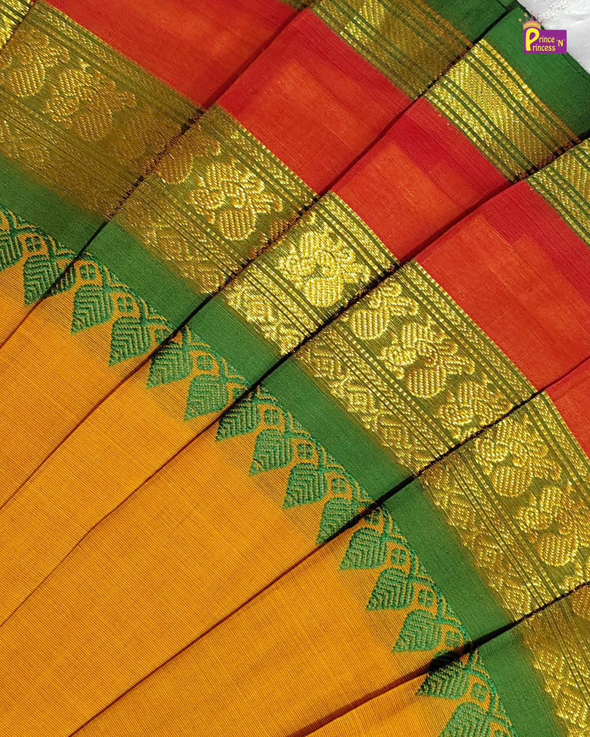 Girls Cotton Halter Neck Pattu Pavadai Set - Mustard Green Red Border PPP2174