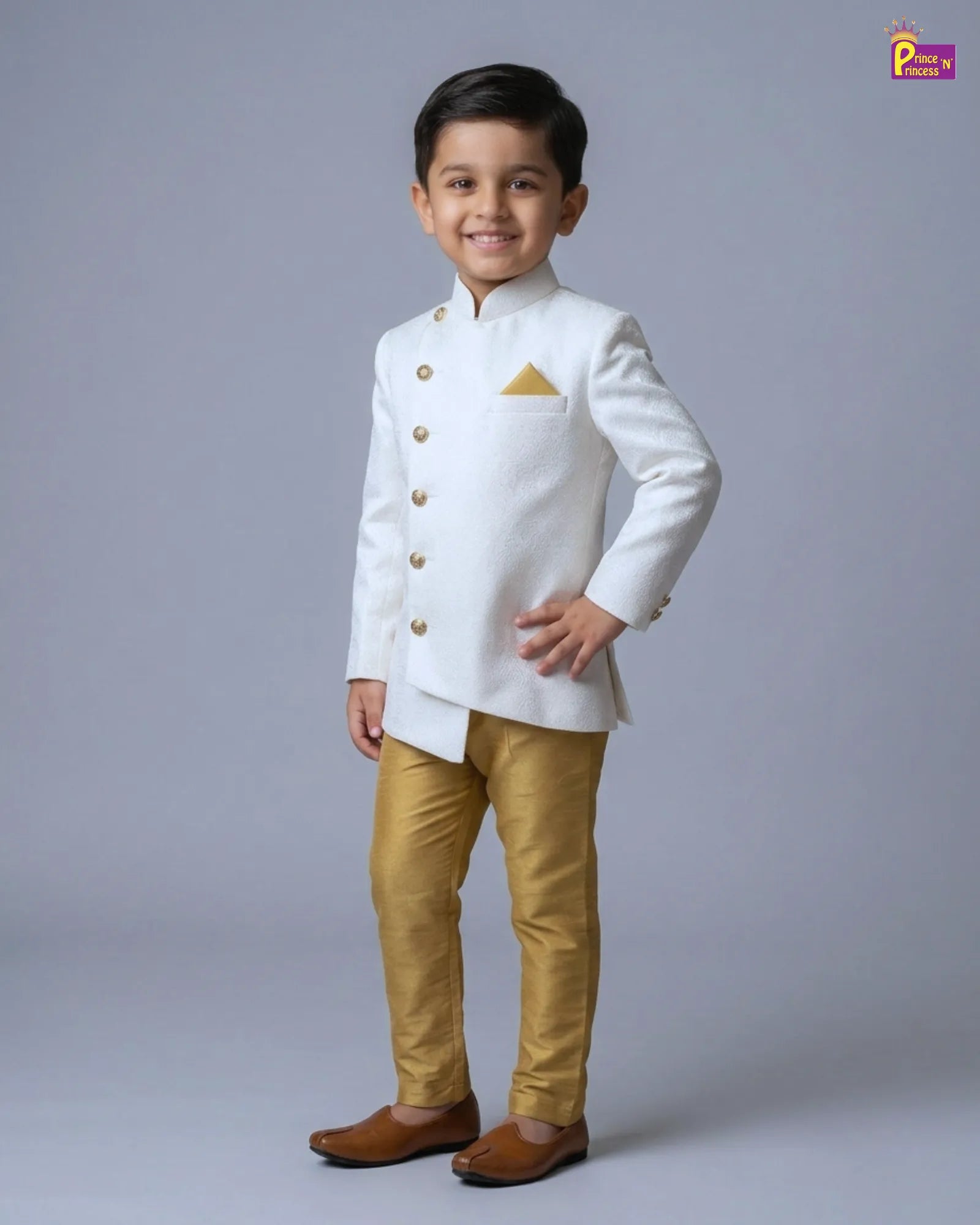 Boys White Jodhpuri Jacket Set – Asymmetric Collar Gold Pant Suit KP226