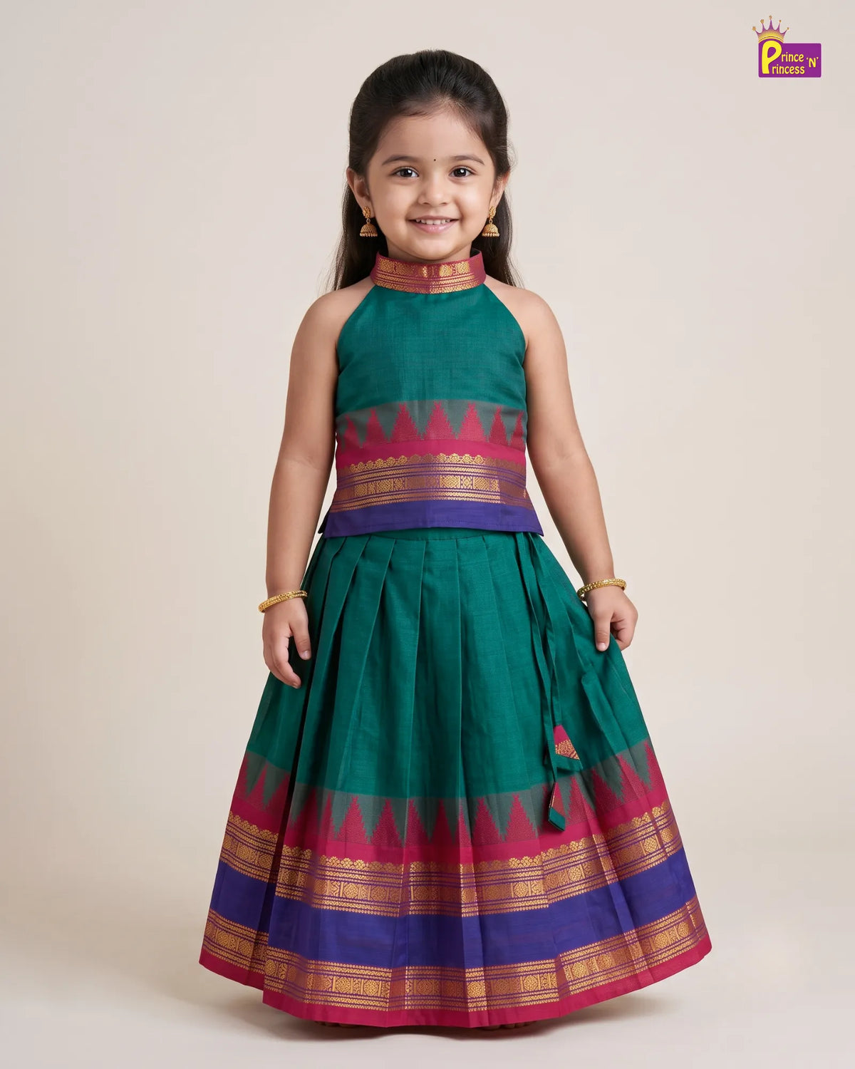 Girls Cotton Halter Neck Pattu Pavadai Set - Teal Green Pink Border PPP2175