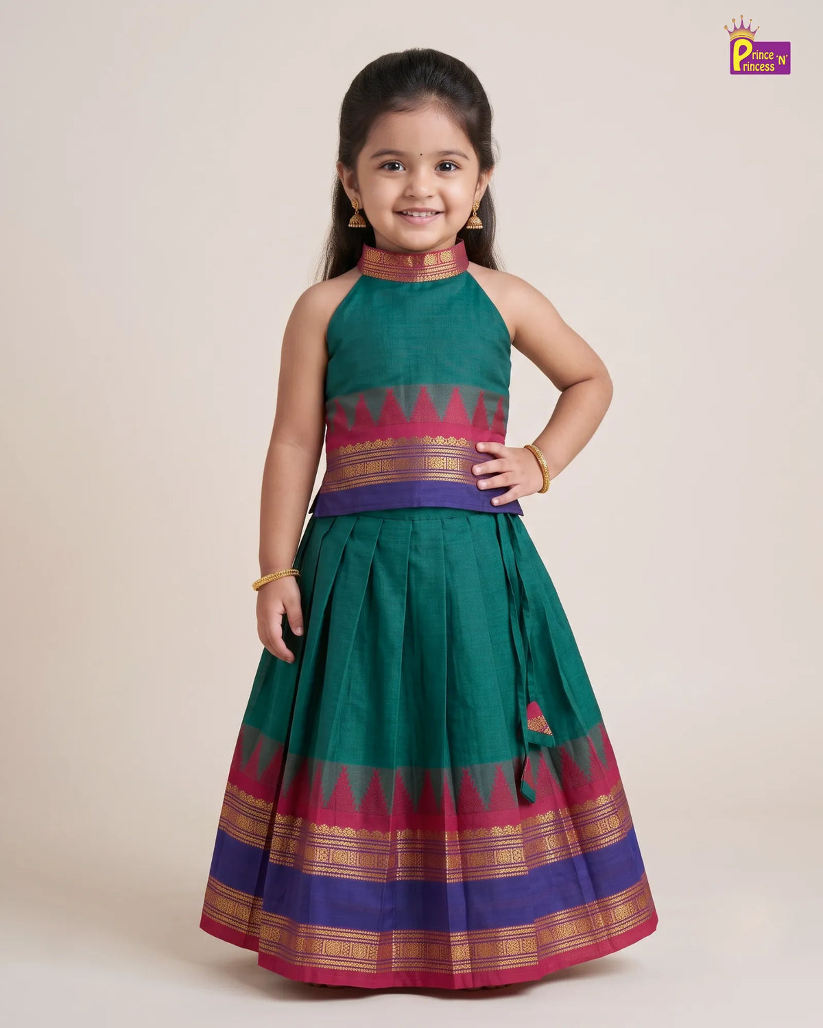 Girls Cotton Halter Neck Pattu Pavadai Set - Teal Green Pink Border PPP2175