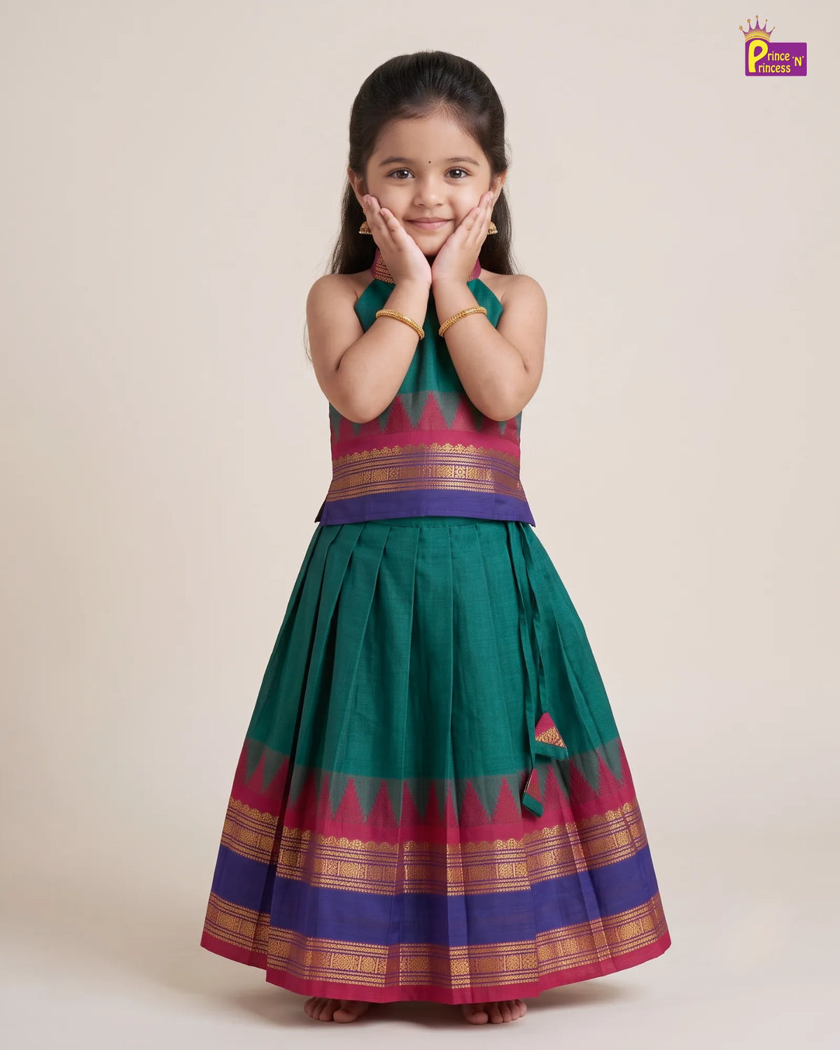 Girls Cotton Halter Neck Pattu Pavadai Set - Teal Green Pink Border PPP2175
