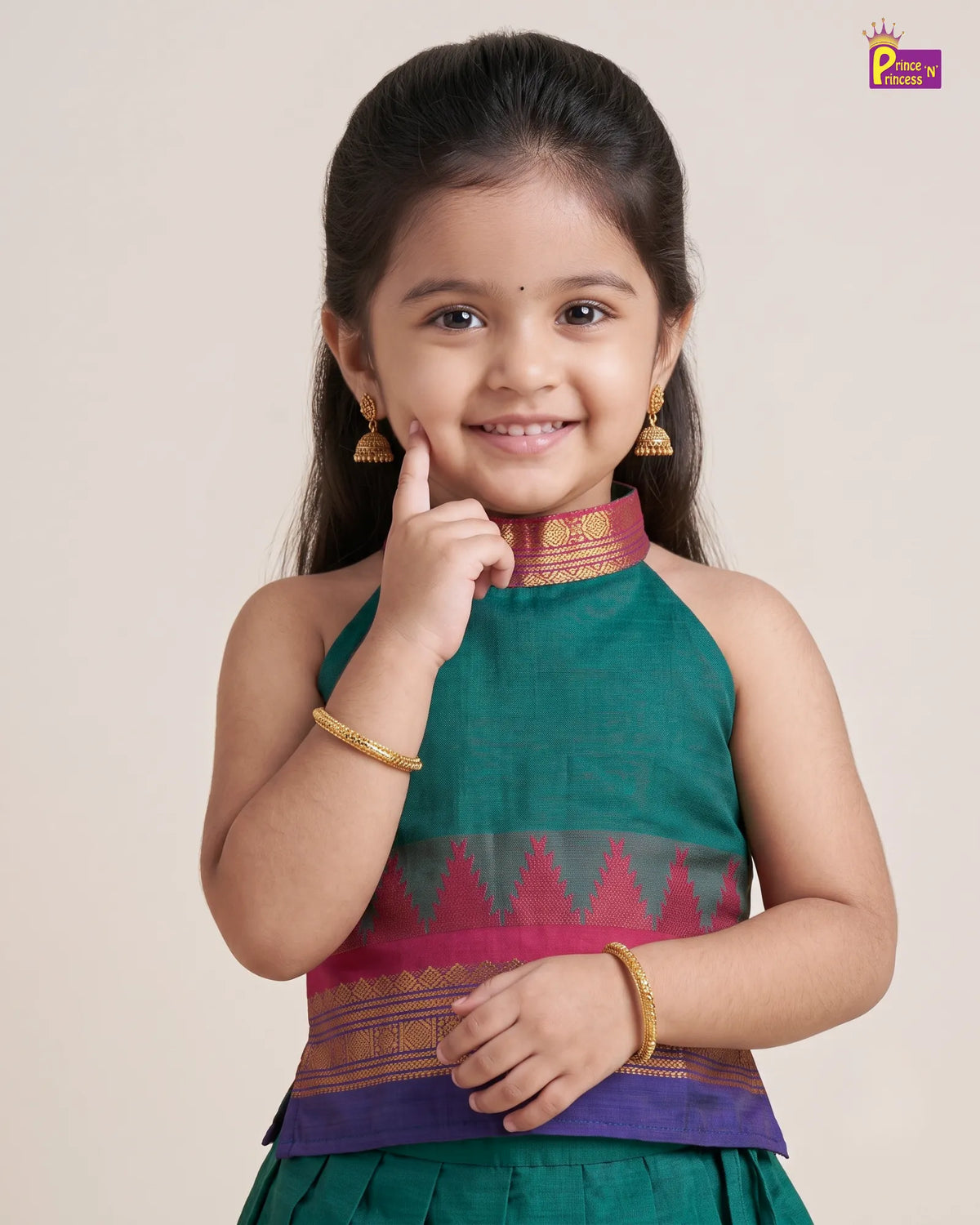 Girls Cotton Halter Neck Pattu Pavadai Set - Teal Green Pink Border PPP2175
