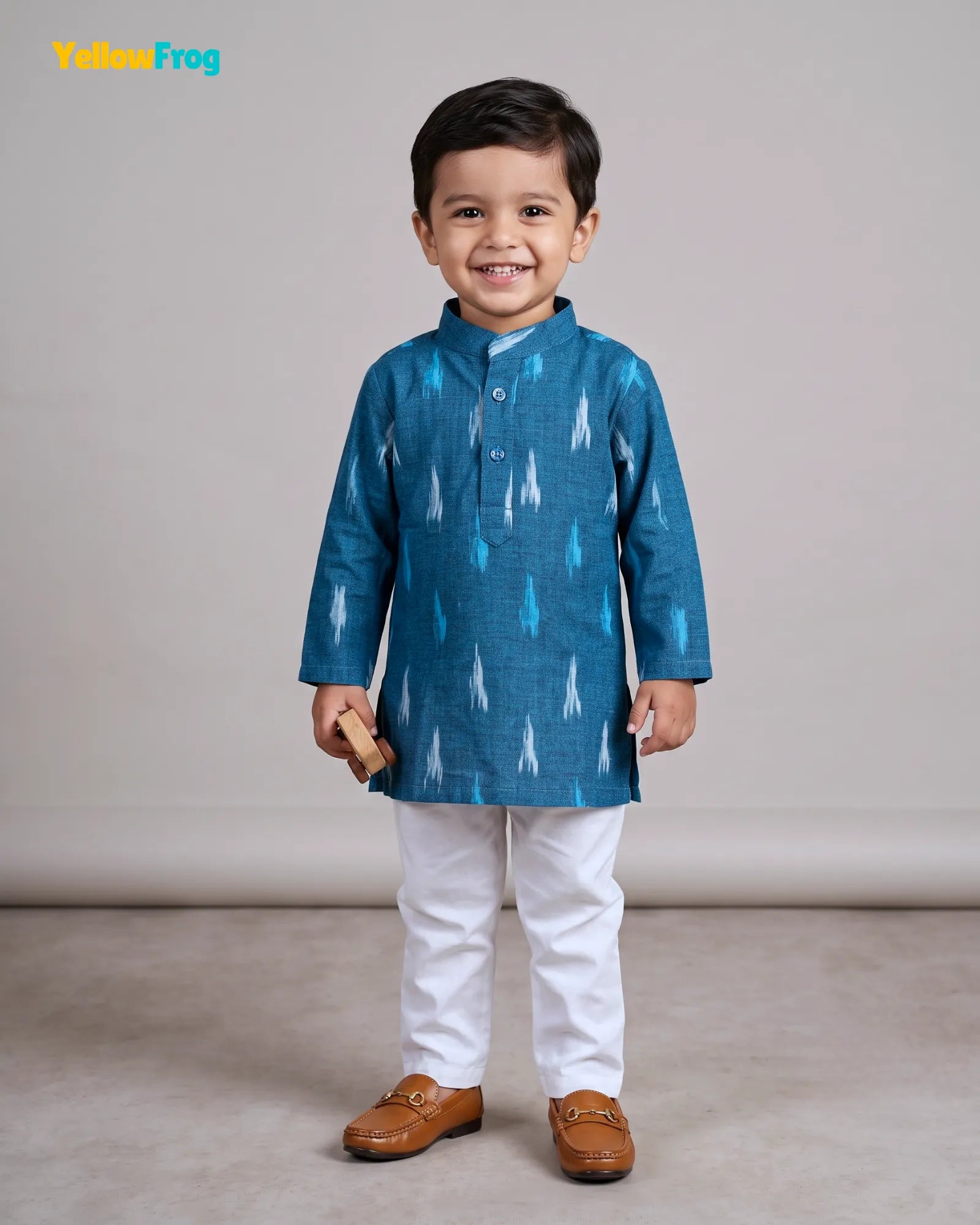 Boys Pure Cotton Ikkat Kurta Pyjama Set - Teal Ikkat Print Ethnic Wear with Collar KP229