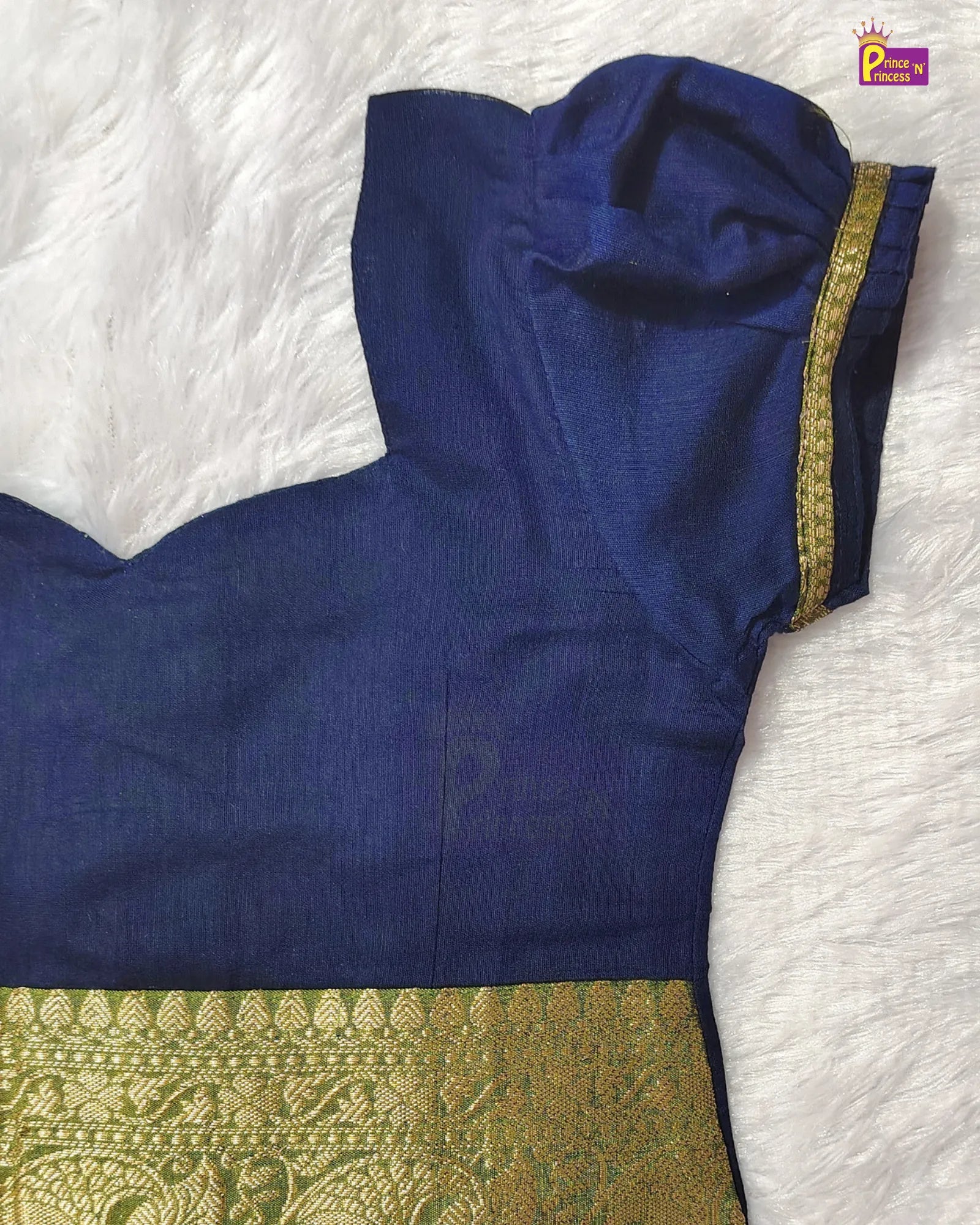 Chettinad Pattu Pavadai for Girls | Navy Blue Olive Gold Peacock Zari Silk PPP2137
