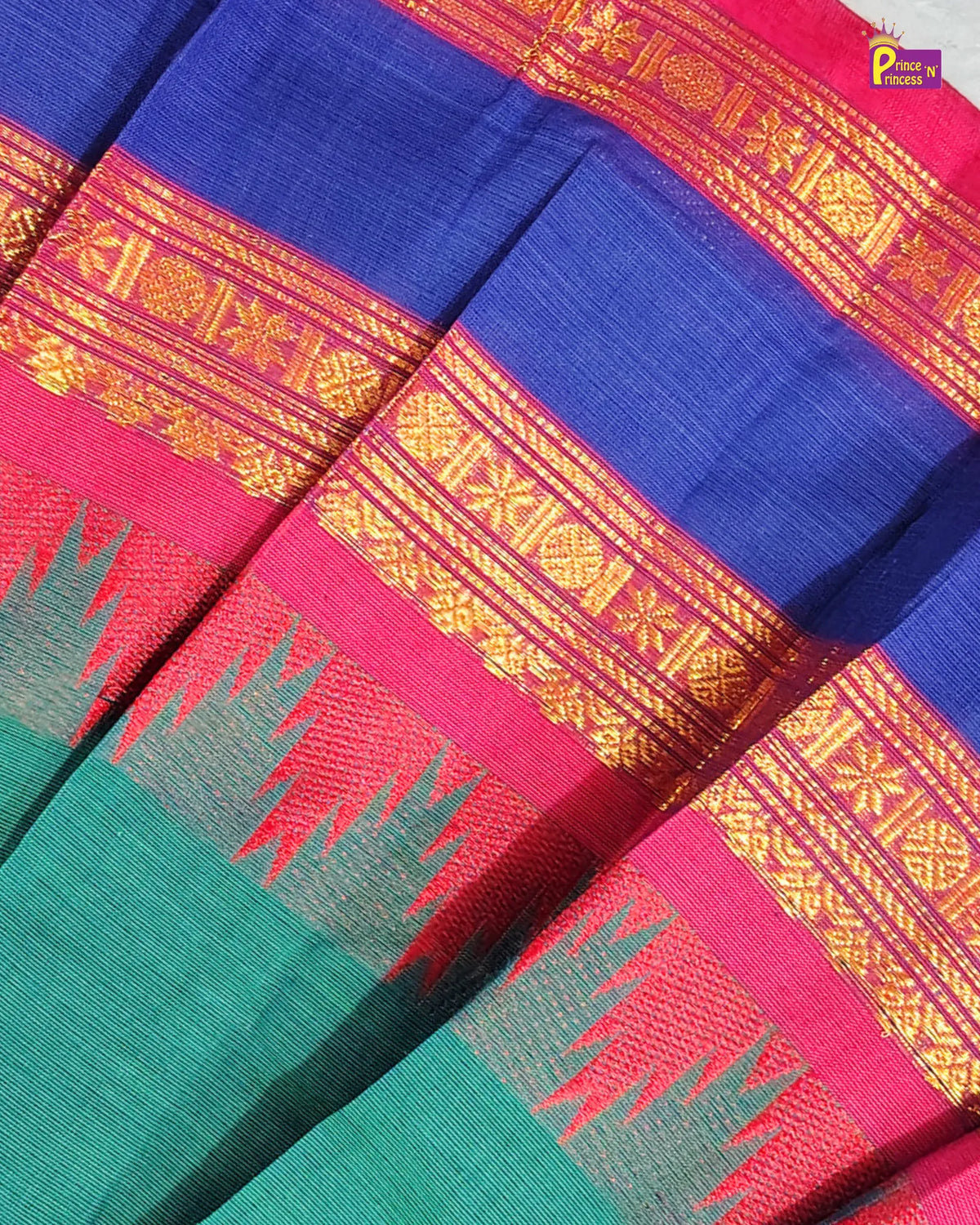 Girls Cotton Halter Neck Pattu Pavadai Set - Teal Green Pink Border PPP2175