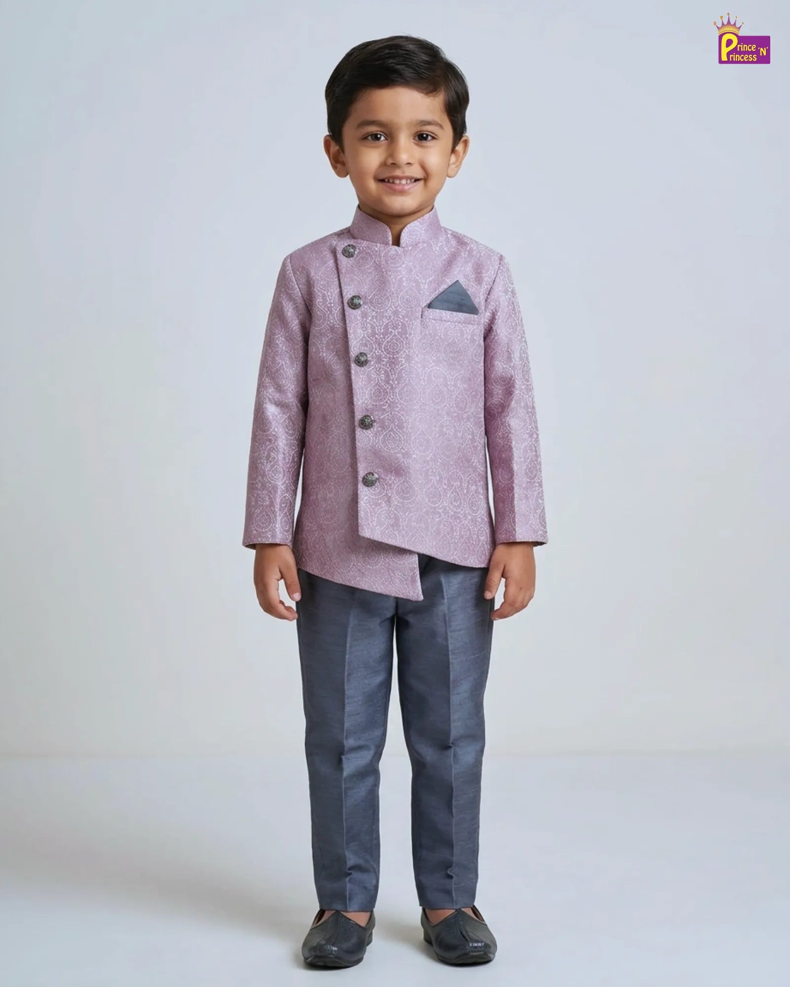 Boys Lilac Jodhpuri Jacket Set – Paisley Asymmetric Grey Pant Suit KP227