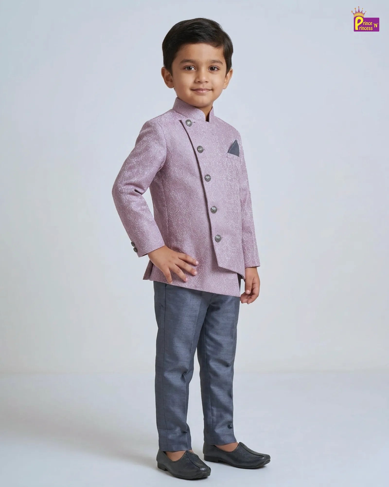Boys Lilac Jodhpuri Jacket Set – Paisley Asymmetric Grey Pant Suit KP227
