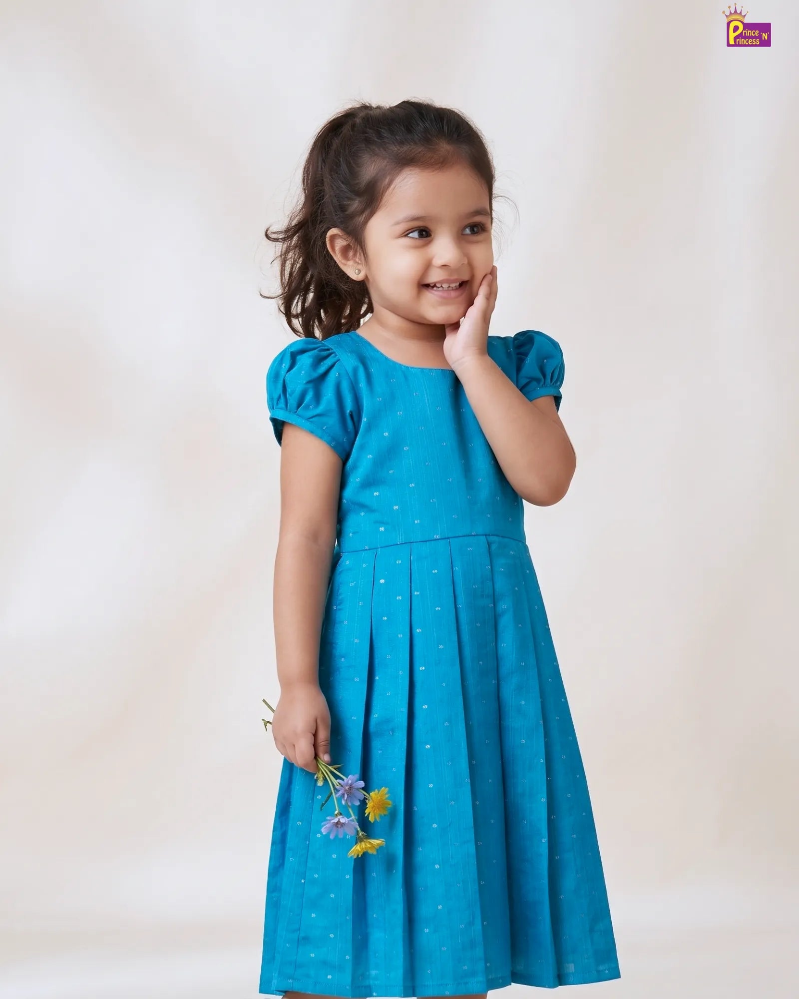 Sky Blue Dobby Cotton Midi Frock for Girls | Puff Sleeve Long Dress CF436