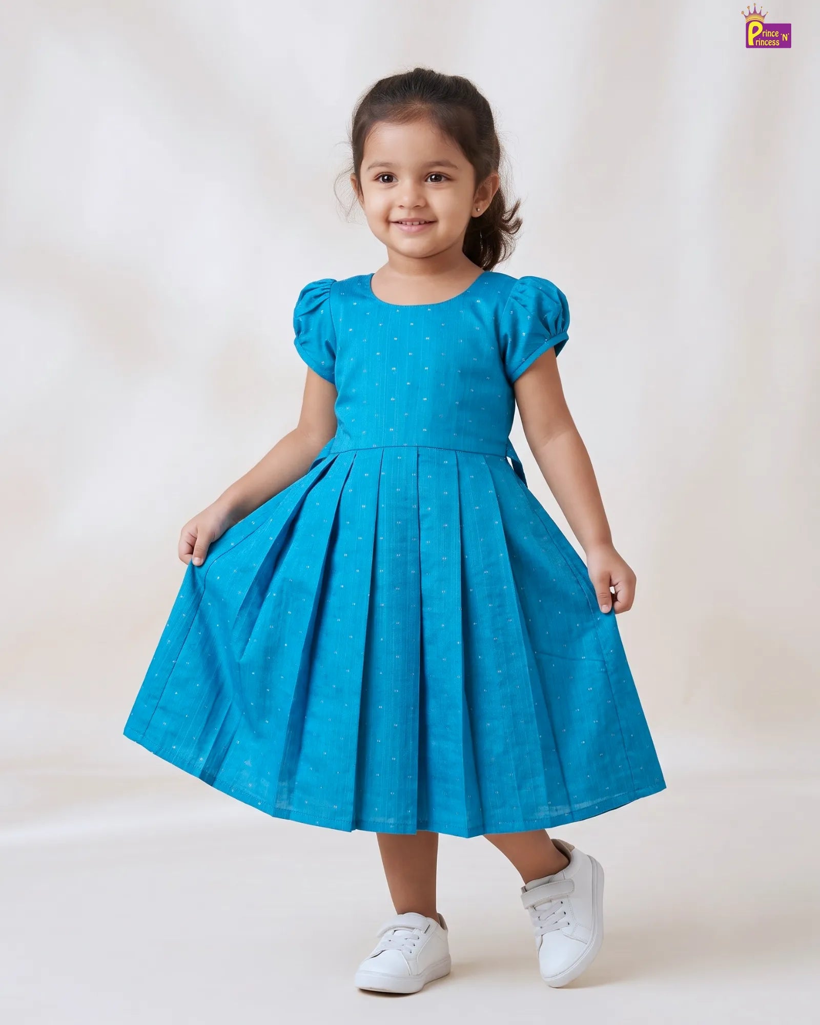 Sky Blue Dobby Cotton Midi Frock for Girls | Puff Sleeve Long Dress CF436