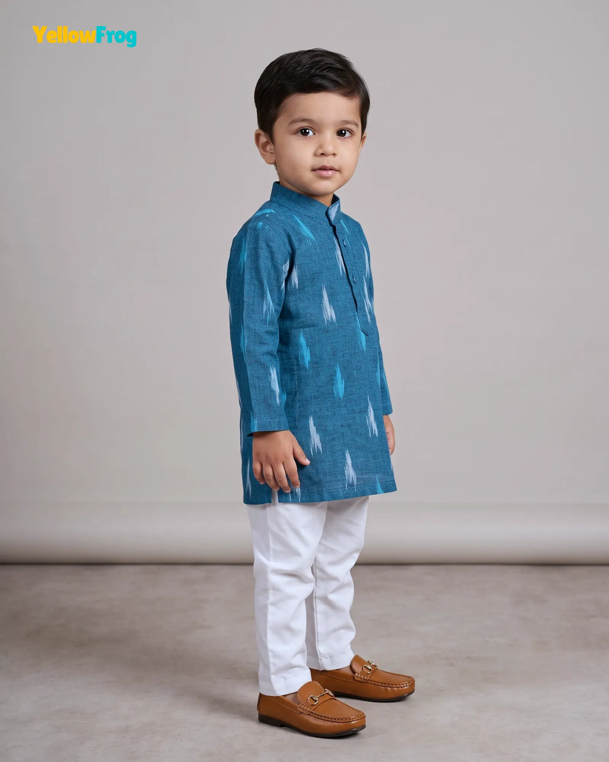 Boys Pure Cotton Ikkat Kurta Pyjama Set - Teal Ikkat Print Ethnic Wear with Collar KP229