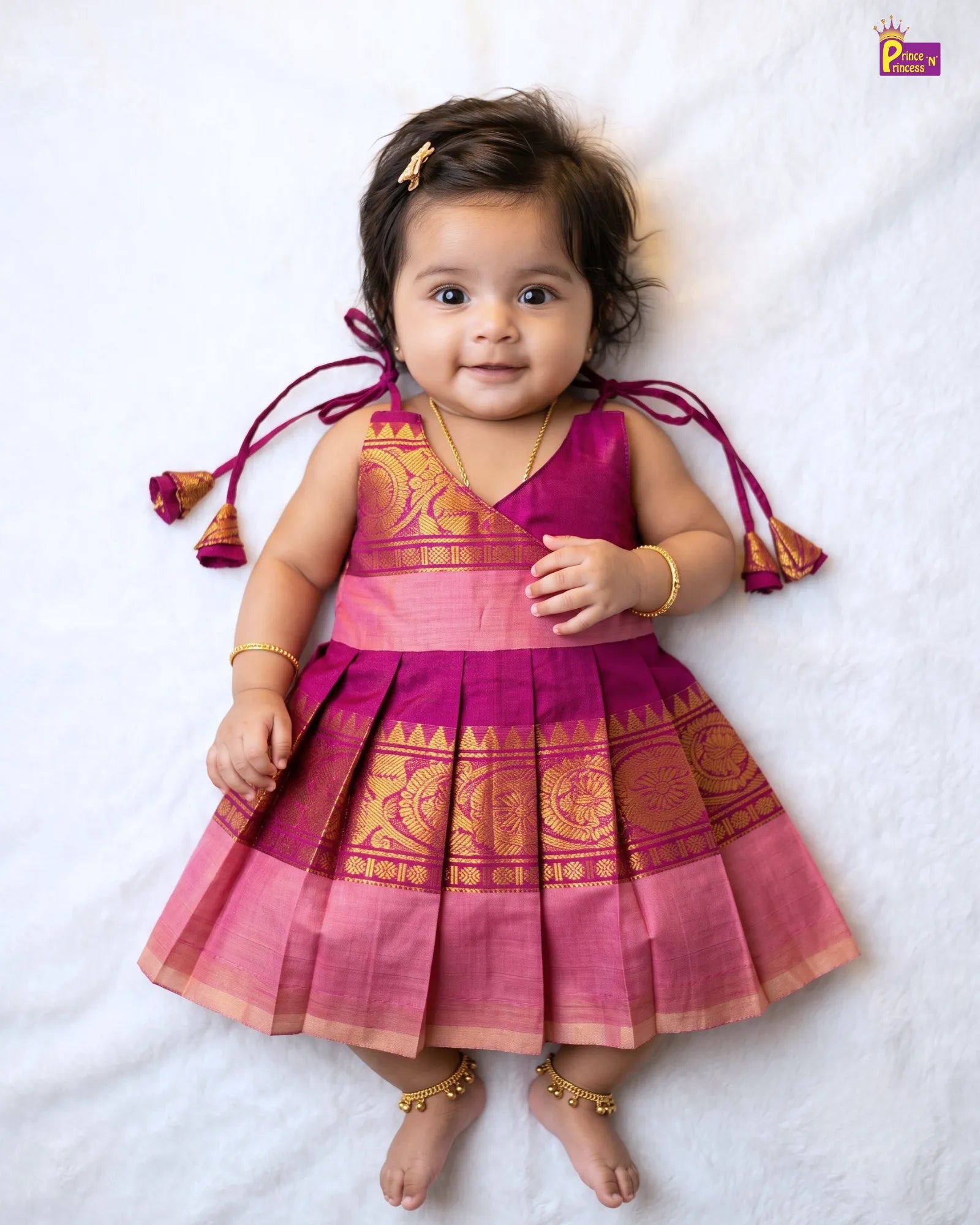 Magenta Rose Pink Chettinad Cotton Pattu Frock + Hairband | Baby Girl Traditional Frock LF2040
