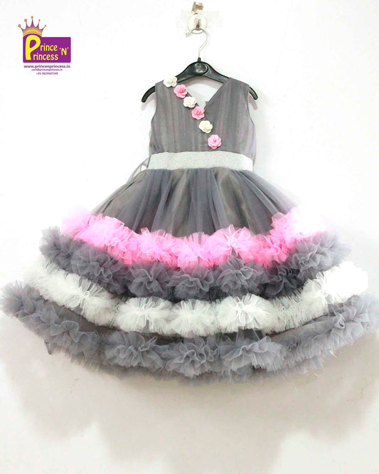 Kids Grand Grey White Birthday Ruffle Gown BG041