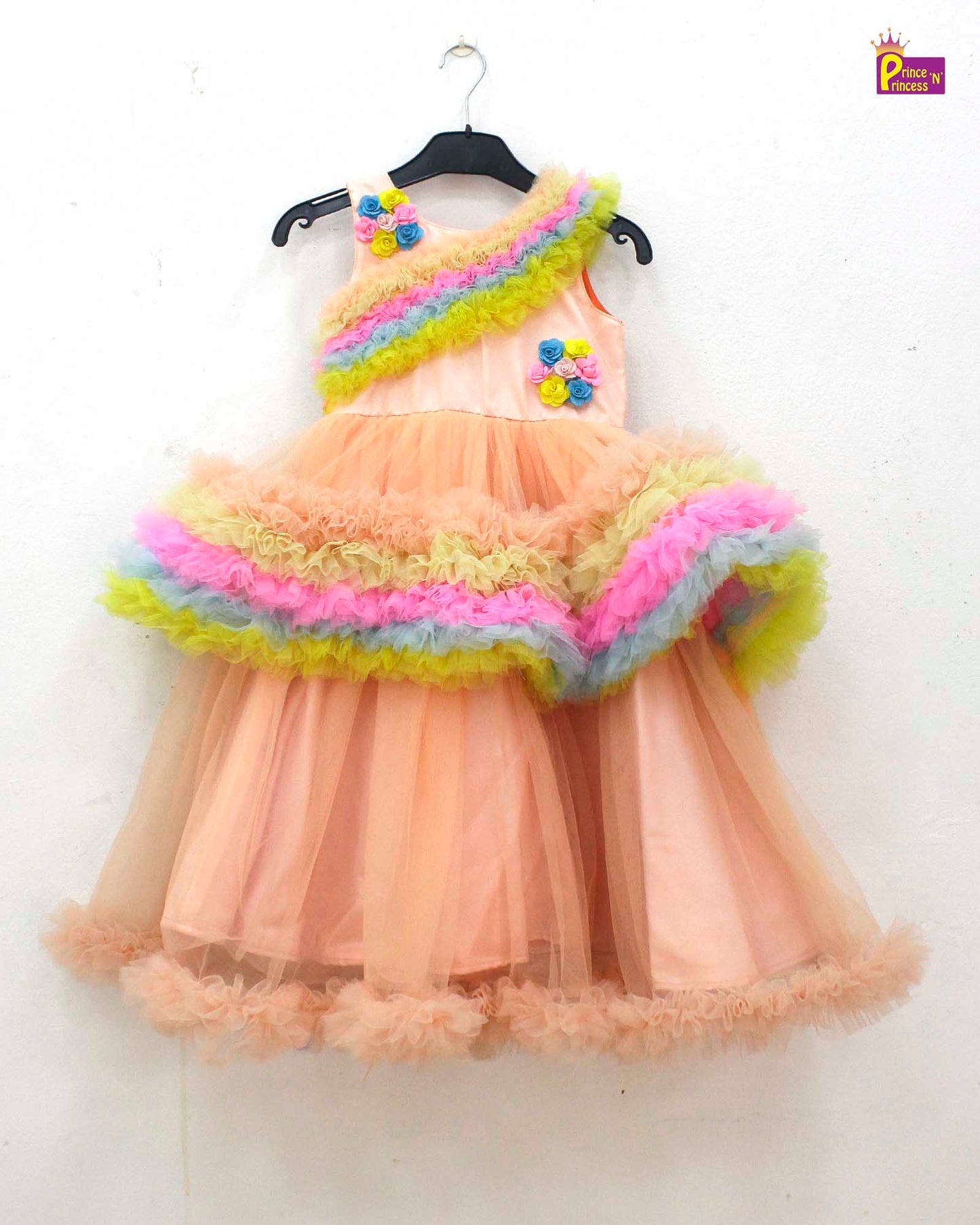 Kids Peach Orange Multicolour Birthday Gown BG145