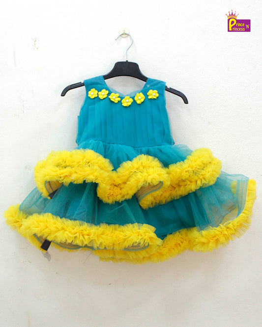 Kids Peacock Blue Yellow Party Frock BG210