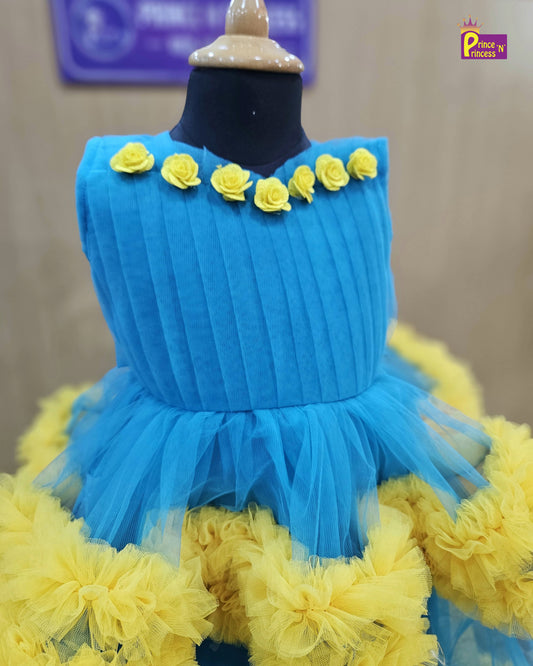 Kids Peacock Blue Yellow Party Frock BG210